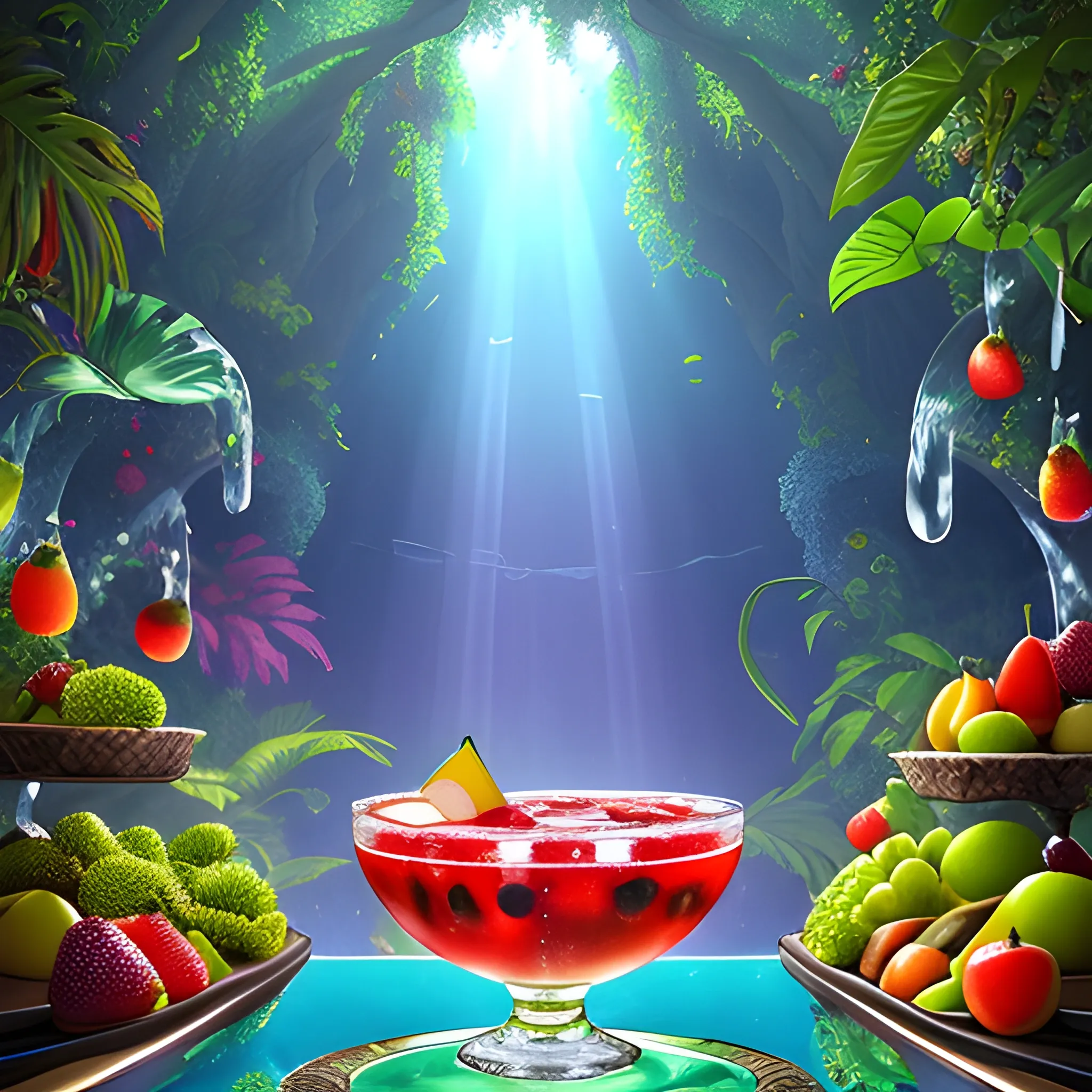 1. Begin by creating a surrealistic background  a cup of sangria with vibrant and lush tropical scenery. Use bold and contrasting colors to depict the foliage of the trees and the surrounding landscape.
2. Incorporate surreal elements like towering trees emerging from the drink, their branches extending towards the sky. Let your imagination guide you as you create unique and fantastical tree formations.
3. Integrate hidden or partially visible caves or grottoes within the drink, giving the impression of an otherworldly oasis. Use intricate details and lighting to create an alluring and mysterious atmosphere.
4. Along the base of the wine glass, place a variety of refreshing fruits like apples, grapes, bananas, and pineapple. Play with their sizes and positions, allowing them to blend seamlessly into the composition.
5. Use vibrant and juicy colors for the fruits to enhance their refreshing appeal. Consider adding droplets of water on their surfaces to emphasize their coolness.
6. Incorporate subtle reflections and refractions on the glass surface to add a touch of realism. This will enhance the visual impact of the fruits and the surrounding environment.
7. Experiment with lighting to create a sense of sunlight filtering through the tropical foliage. Play with rays of light, casting shadows and illuminating certain areas to enhance the depth and atmosphere of the image.
8. Pay attention to the overall composition and ensure a harmonious balance between the surreal elements, the fruits, and the surrounding scenery. Continuously evaluate the visual impact and make necessary adjustments as needed.
9. Lastly, make sure the overall image conveys a sense of refreshment and tranquility. Use colors, textures, and details to evoke a feeling of coolness and relaxation.