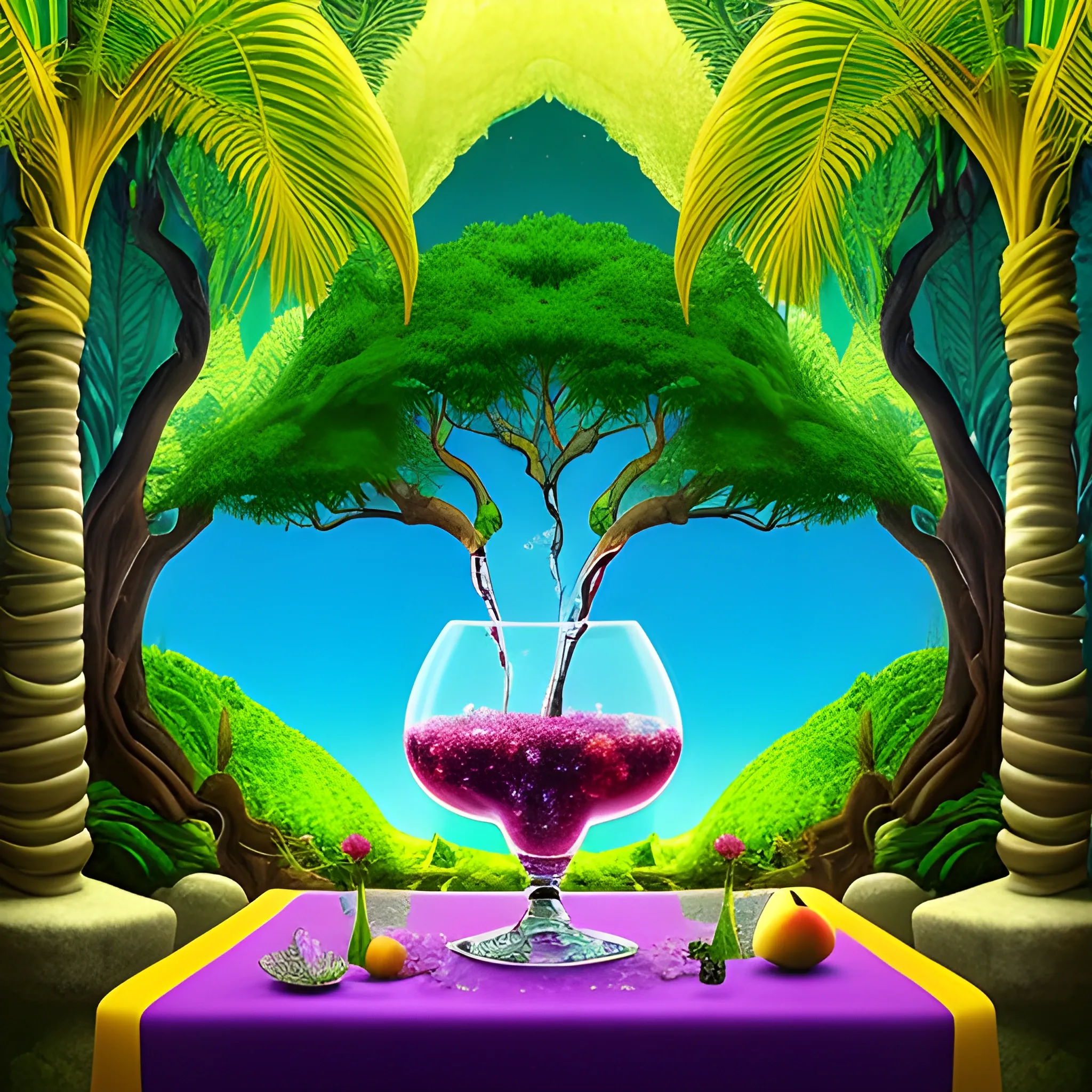 1. Begin by creating a surrealistic background  a cup of sangria with vibrant and lush tropical scenery. Use bold and contrasting colors to depict the foliage of the trees and the surrounding landscape.
2. Incorporate surreal elements like towering trees emerging from the drink, their branches extending towards the sky. Let your imagination guide you as you create unique and fantastical tree formations.
3. Integrate hidden or partially visible caves or grottoes within the drink, giving the impression of an otherworldly oasis. Use intricate details and lighting to create an alluring and mysterious atmosphere.
4. Along the base of the wine glass, place a variety of refreshing fruits like apples, grapes, bananas, and pineapple. Play with their sizes and positions, allowing them to blend seamlessly into the composition.
5. Use vibrant and juicy colors for the fruits to enhance their refreshing appeal. Consider adding droplets of water on their surfaces to emphasize their coolness.
6. Incorporate subtle reflections and refractions on the glass surface to add a touch of realism. This will enhance the visual impact of the fruits and the surrounding environment.
7. Experiment with lighting to create a sense of sunlight filtering through the tropical foliage. Play with rays of light, casting shadows and illuminating certain areas to enhance the depth and atmosphere of the image.
8. Pay attention to the overall composition and ensure a harmonious balance between the surreal elements, the fruits, and the surrounding scenery. Continuously evaluate the visual impact and make necessary adjustments as needed.
9. Lastly, make sure the overall image conveys a sense of refreshment and tranquility. Use colors, textures, and details to evoke a feeling of coolness and relaxation.