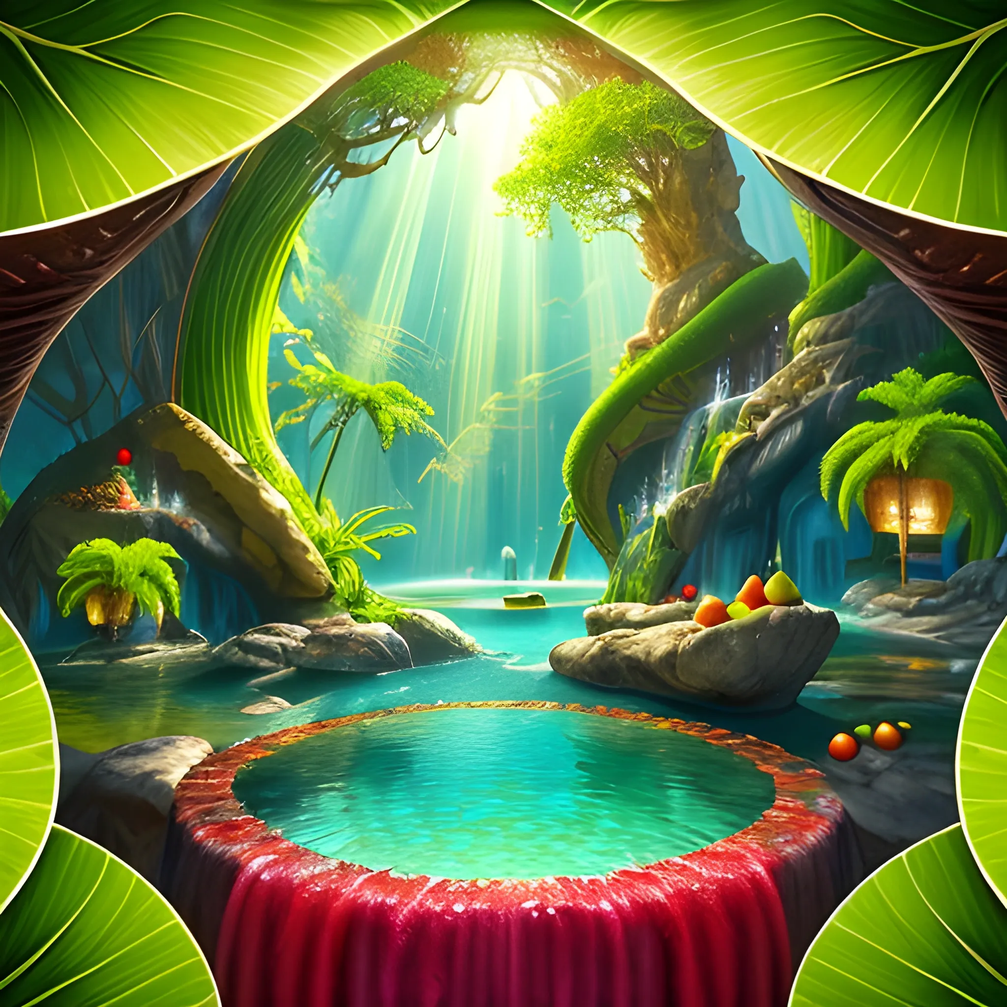 1. Begin by creating a surrealistic background  a cup of sangria with vibrant and lush tropical scenery. Use bold and contrasting colors to depict the foliage of the trees and the surrounding landscape.
2. Incorporate surreal elements like towering trees emerging from the drink, their branches extending towards the sky. Let your imagination guide you as you create unique and fantastical tree formations.
3. Integrate hidden or partially visible caves or grottoes within the drink, giving the impression of an otherworldly oasis. Use intricate details and lighting to create an alluring and mysterious atmosphere.
4. Along the base of the wine glass, place a variety of refreshing fruits like apples, grapes, bananas, and pineapple. Play with their sizes and positions, allowing them to blend seamlessly into the composition.
5. Use vibrant and juicy colors for the fruits to enhance their refreshing appeal. Consider adding droplets of water on their surfaces to emphasize their coolness.
6. Incorporate subtle reflections and refractions on the glass surface to add a touch of realism. This will enhance the visual impact of the fruits and the surrounding environment.
7. Experiment with lighting to create a sense of sunlight filtering through the tropical foliage. Play with rays of light, casting shadows and illuminating certain areas to enhance the depth and atmosphere of the image.
8. Pay attention to the overall composition and ensure a harmonious balance between the surreal elements, the fruits, and the surrounding scenery. Continuously evaluate the visual impact and make necessary adjustments as needed.
9. Lastly, make sure the overall image conveys a sense of refreshment and tranquility. Use colors, textures, and details to evoke a feeling of coolness and relaxation.