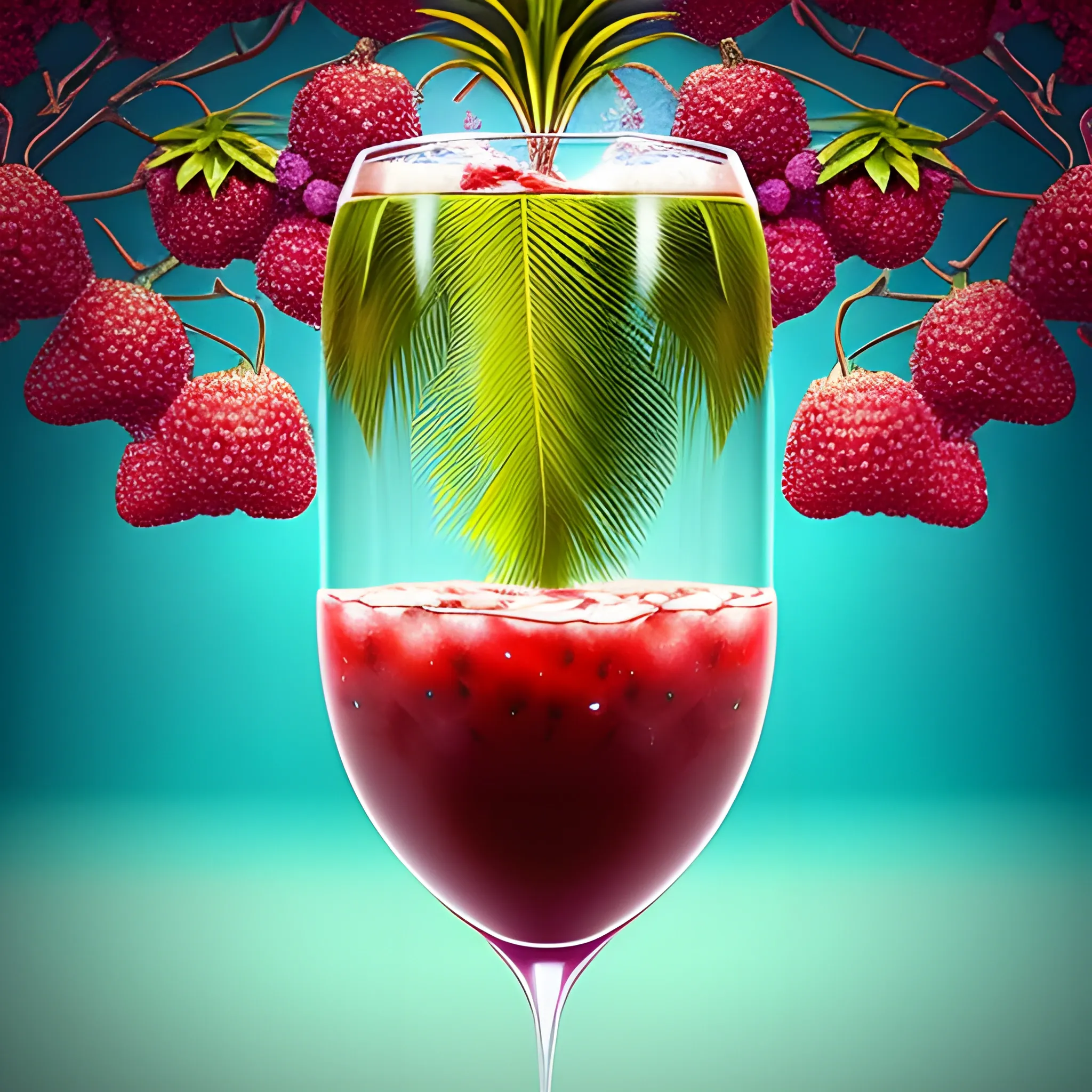 1. Begin by creating a surrealistic background  a cup of sangria with vibrant and lush tropical scenery. Use bold and contrasting colors to depict the foliage of the trees and the surrounding landscape.
2. Incorporate surreal elements like towering trees emerging from the drink, their branches extending towards the sky. Let your imagination guide you as you create unique and fantastical tree formations.
3. Integrate hidden or partially visible caves or grottoes within the drink, giving the impression of an otherworldly oasis. Use intricate details and lighting to create an alluring and mysterious atmosphere.
4. Along the base of the wine glass, place a variety of refreshing fruits like apples, grapes, bananas, and pineapple. Play with their sizes and positions, allowing them to blend seamlessly into the composition.
5. Use vibrant and juicy colors for the fruits to enhance their refreshing appeal. Consider adding droplets of water on their surfaces to emphasize their coolness.
6. Incorporate subtle reflections and refractions on the glass surface to add a touch of realism. This will enhance the visual impact of the fruits and the surrounding environment.
7. Experiment with lighting to create a sense of sunlight filtering through the tropical foliage. Play with rays of light, casting shadows and illuminating certain areas to enhance the depth and atmosphere of the image.
8. Pay attention to the overall composition and ensure a harmonious balance between the surreal elements, the fruits, and the surrounding scenery. Continuously evaluate the visual impact and make necessary adjustments as needed.
9. Lastly, make sure the overall image conveys a sense of refreshment and tranquility. Use colors, textures, and details to evoke a feeling of coolness and relaxation.