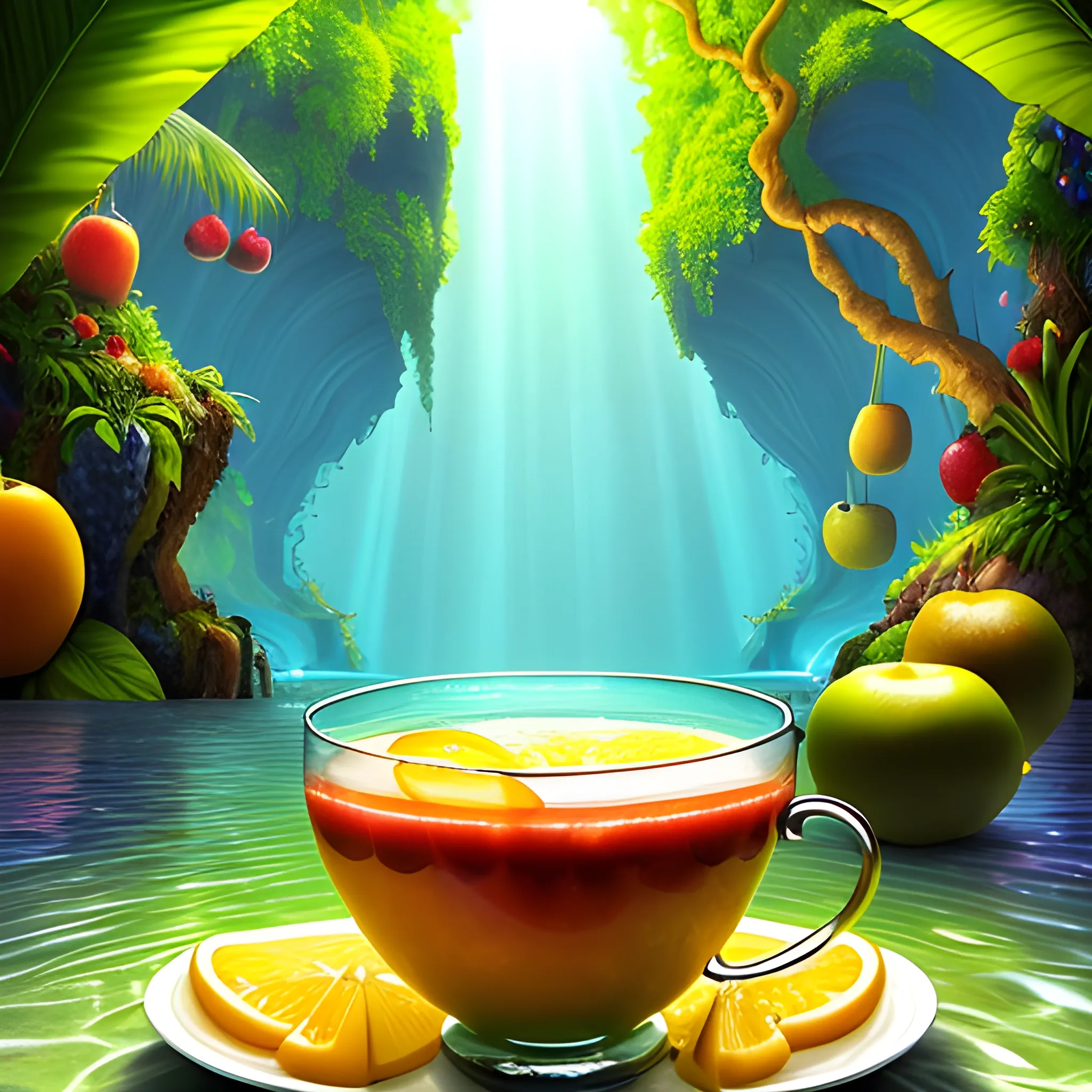 1. Begin by creating a surrealistic background  a cup of sangria with vibrant and lush tropical scenery. Use bold and contrasting colors to depict the foliage of the trees and the surrounding landscape.
2. Incorporate surreal elements like towering trees emerging from the drink, their branches extending towards the sky. Let your imagination guide you as you create unique and fantastical tree formations.
3. Integrate hidden or partially visible caves or grottoes within the drink, giving the impression of an otherworldly oasis. Use intricate details and lighting to create an alluring and mysterious atmosphere.
4. Along the base of the wine glass, place a variety of refreshing fruits like apples, grapes, bananas, and pineapple. Play with their sizes and positions, allowing them to blend seamlessly into the composition.
5. Use vibrant and juicy colors for the bananos, oranges, apple ,grapes to enhance their refreshing appeal. Consider adding droplets of water on their surfaces to emphasize their coolness.
6. Incorporate subtle reflections and refractions on the glass surface to add a touch of realism. This will enhance the visual impact of the fruits and the surrounding environment.
7. Experiment with lighting to create a sense of sunlight filtering through the tropical foliage. Play with rays of light, casting shadows and illuminating certain areas to enhance the depth and atmosphere of the image.
8. Pay attention to the overall composition and ensure a harmonious balance between the surreal elements, the fruits, and the surrounding scenery. Continuously evaluate the visual impact and make necessary adjustments as needed.
9. Lastly, make sure the overall image conveys a sense of refreshment and tranquility. Use colors, textures, and details to evoke a feeling of coolness and relaxation.