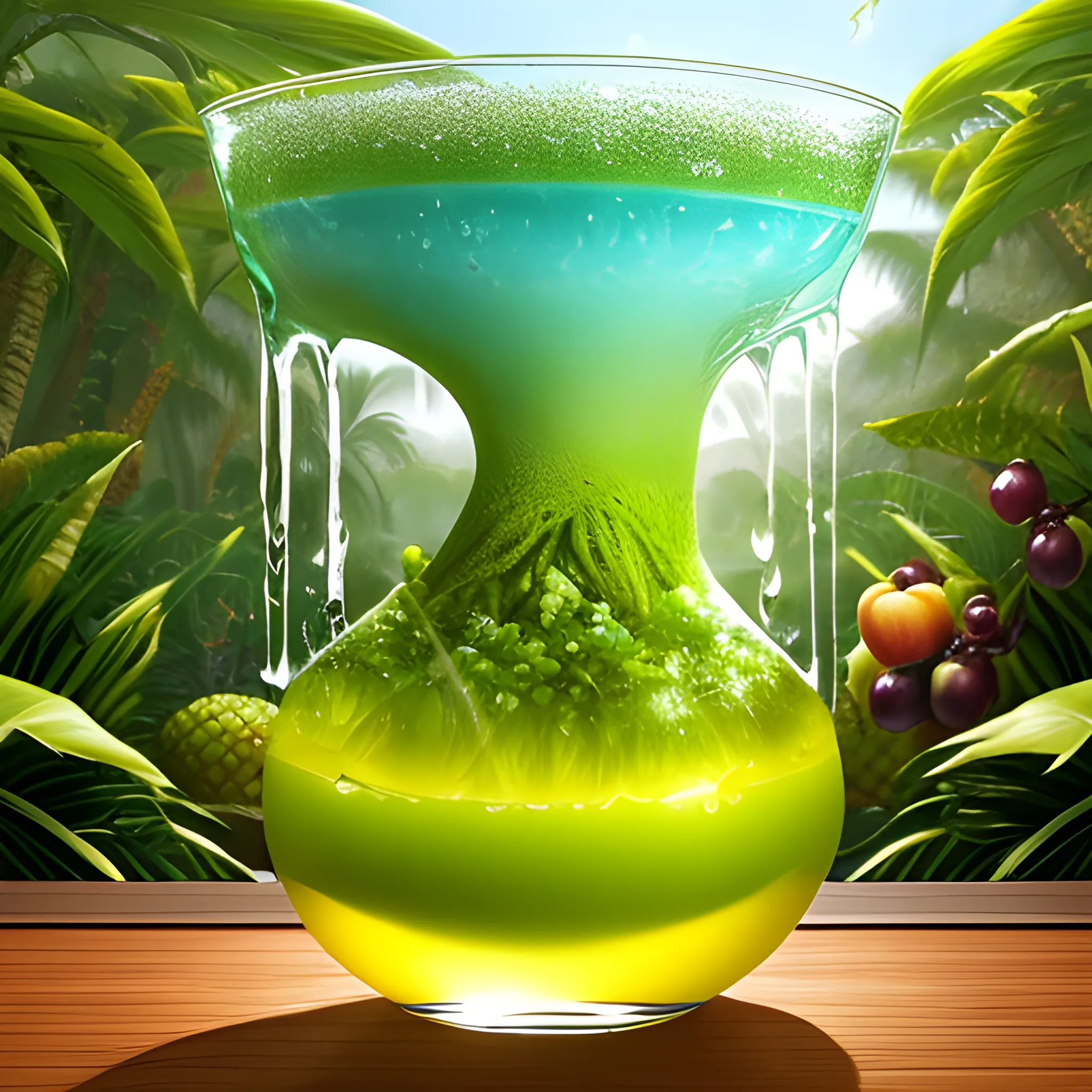 1. Begin by creating a surrealistic background  a cup of sangria with vibrant and lush tropical scenery. Use bold and contrasting colors to depict the foliage of the trees and the surrounding landscape.
2. Incorporate surreal elements like towering trees emerging from the drink, their branches extending towards the sky. Let your imagination guide you as you create unique and fantastical tree formations.
3. Integrate hidden or partially visible caves or grottoes within the drink, giving the impression of an otherworldly oasis. Use intricate details and lighting to create an alluring and mysterious atmosphere.
4. Along the base of the wine glass, place a variety of refreshing fruits like apples, grapes, bananas, and pineapple. Play with their sizes and positions, allowing them to blend seamlessly into the composition.
5. Use vibrant and juicy colors for the fruits to enhance their refreshing appeal. Consider adding droplets of water on their surfaces to emphasize their coolness.
6. Incorporate subtle reflections and refractions on the glass surface to add a touch of realism. This will enhance the visual impact of the fruits and the surrounding environment.
7. Experiment with lighting to create a sense of sunlight filtering through the tropical foliage. Play with rays of light, casting shadows and illuminating certain areas to enhance the depth and atmosphere of the image.
8. Pay attention to the overall composition and ensure a harmonious balance between the surreal elements, the fruits, and the surrounding scenery. Continuously evaluate the visual impact and make necessary adjustments as needed.
9. Lastly, make sure the overall image conveys a sense of refreshment and tranquility. Use colors, textures, and details to evoke a feeling of coolness and relaxation.