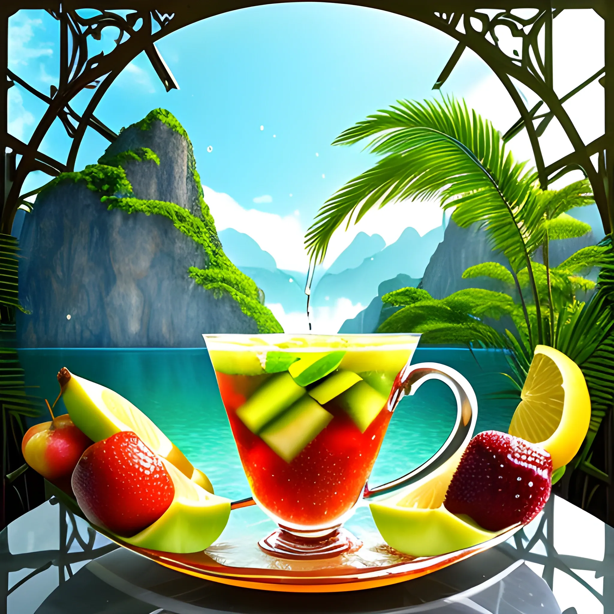 1. Begin by creating a surrealistic background  a cup of sangria with vibrant and lush tropical scenery. Use bold and contrasting colors to depict the foliage of the trees and the surrounding landscape.
2. Incorporate surreal elements like towering trees emerging from the drink, their branches extending towards the sky. Let your imagination guide you as you create unique and fantastical tree formations.
3. Integrate hidden or partially visible caves or grottoes within the drink, giving the impression of an otherworldly oasis. Use intricate details and lighting to create an alluring and mysterious atmosphere.
4. Along the base of the wine glass, place a variety of refreshing fruits like apples, grapes, bananas, and pineapple. Play with their sizes and positions, allowing them to blend seamlessly into the composition.
5. Use vibrant and juicy colors for the fruits to enhance their refreshing appeal. Consider adding droplets of water on their surfaces to emphasize their coolness.
6. Incorporate subtle reflections and refractions on the glass surface to add a touch of realism. This will enhance the visual impact of the fruits and the surrounding environment.
7. Experiment with lighting to create a sense of sunlight filtering through the tropical foliage. Play with rays of light, casting shadows and illuminating certain areas to enhance the depth and atmosphere of the image.
8. Pay attention to the overall composition and ensure a harmonious balance between the surreal elements, the fruits, and the surrounding scenery. Continuously evaluate the visual impact and make necessary adjustments as needed.
9. Lastly, make sure the overall image conveys a sense of refreshment and tranquility. Use colors, textures, and details to evoke a feeling of coolness and relaxation.