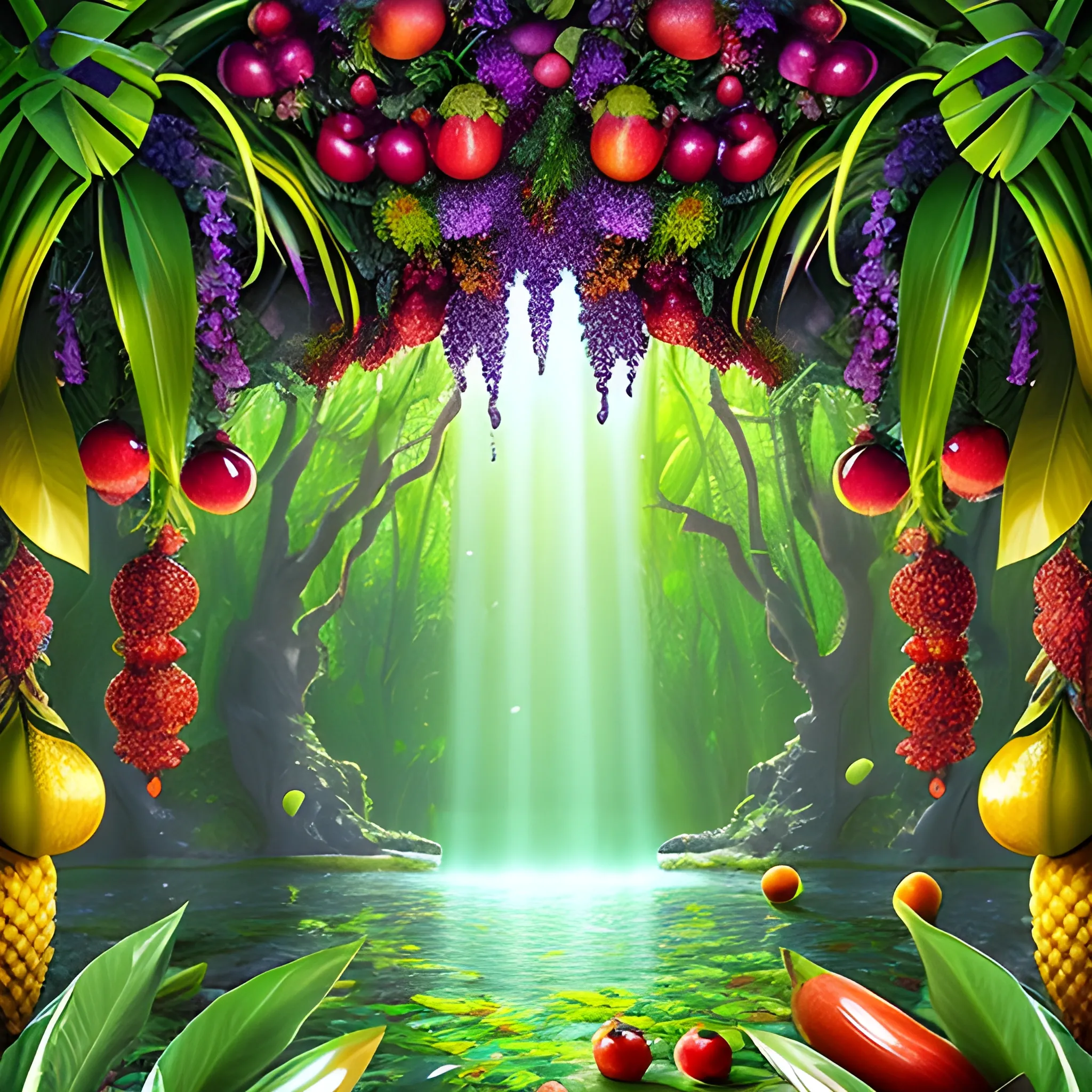 1. Begin by creating a surrealistic background  a cup of sangria with vibrant and lush tropical scenery. Use bold and contrasting colors to depict the foliage of the trees and the surrounding landscape.
2. Incorporate surreal elements like towering trees emerging from the drink, their branches extending towards the sky. Let your imagination guide you as you create unique and fantastical tree formations.
3. Integrate hidden or partially visible caves or grottoes within the drink, giving the impression of an otherworldly oasis. Use intricate details and lighting to create an alluring and mysterious atmosphere.
4. Along the base of the wine glass, place a variety of refreshing fruits like apples, grapes, bananas, and pineapple. Play with their sizes and positions, allowing them to blend seamlessly into the composition.
5. Use vibrant and juicy colors for the fruits to enhance their refreshing appeal. Consider adding droplets of water on their surfaces to emphasize their coolness.
6. Incorporate subtle reflections and refractions on the glass surface to add a touch of realism. This will enhance the visual impact of the fruits and the surrounding environment.
7. Experiment with lighting to create a sense of sunlight filtering through the tropical foliage. Play with rays of light, casting shadows and illuminating certain areas to enhance the depth and atmosphere of the image.
8. Pay attention to the overall composition and ensure a harmonious balance between the surreal elements, the fruits, and the surrounding scenery. Continuously evaluate the visual impact and make necessary adjustments as needed.
9. Lastly, make sure the overall image conveys a sense of refreshment and tranquility. Use colors, textures, and details to evoke a feeling of coolness and relaxation.