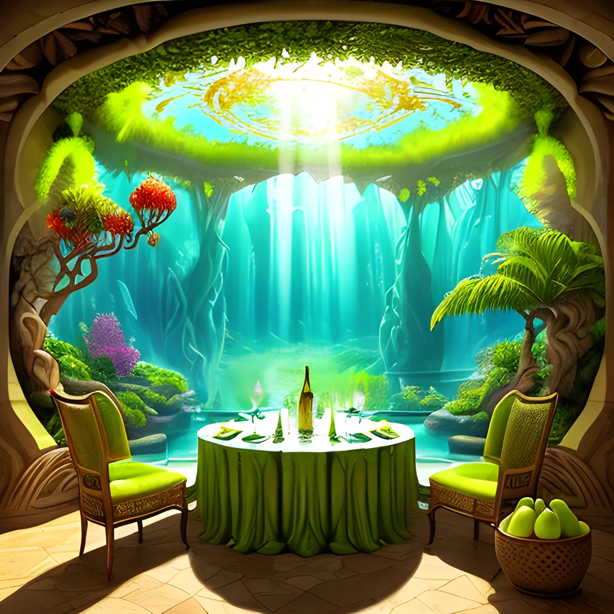 1. Begin by creating a surrealistic background  a cup of sangria with vibrant and lush tropical scenery. Use bold and contrasting colors to depict the foliage of the trees and the surrounding landscape.
2. Incorporate surreal elements like towering trees emerging from the drink, their branches extending towards the sky. Let your imagination guide you as you create unique and fantastical tree formations.
3. Integrate hidden or partially visible caves or grottoes within the drink, giving the impression of an otherworldly oasis. Use intricate details and lighting to create an alluring and mysterious atmosphere.
4. Along the base of the wine glass, place a variety of refreshing fruits like apples, grapes, bananas, and pineapple. Play with their sizes and positions, allowing them to blend seamlessly into the composition.
5. Use vibrant and juicy colors for the fruits to enhance their refreshing appeal. Consider adding droplets of water on their surfaces to emphasize their coolness.
6. Incorporate subtle reflections and refractions on the glass surface to add a touch of realism. This will enhance the visual impact of the fruits and the surrounding environment.
7. Experiment with lighting to create a sense of sunlight filtering through the tropical foliage. Play with rays of light, casting shadows and illuminating certain areas to enhance the depth and atmosphere of the image.
8. Pay attention to the overall composition and ensure a harmonious balance between the surreal elements, the fruits, and the surrounding scenery. Continuously evaluate the visual impact and make necessary adjustments as needed.
9. Lastly, make sure the overall image conveys a sense of refreshment and tranquility. Use colors, textures, and details to evoke a feeling of coolness and relaxation.