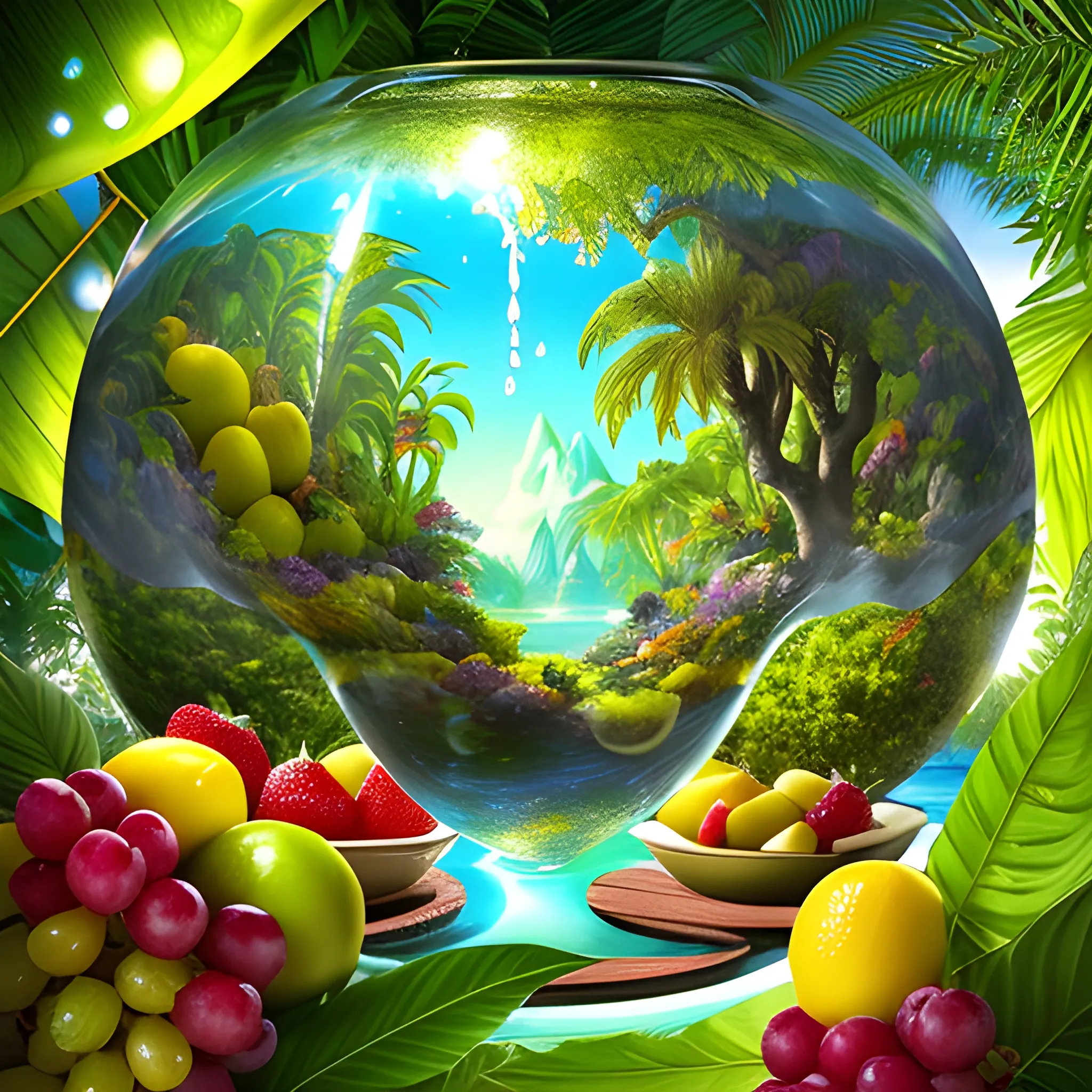 1. Begin by creating a surrealistic background  a cup of sangria with vibrant and lush tropical scenery. Use bold and contrasting colors to depict the foliage of the trees and the surrounding landscape.
2. Incorporate surreal elements like towering trees emerging from the drink, their branches extending towards the sky. Let your imagination guide you as you create unique and fantastical tree formations.
3. Integrate hidden or partially visible caves or grottoes within the drink, giving the impression of an otherworldly oasis. Use intricate details and lighting to create an alluring and mysterious atmosphere.
4. Along the base of the wine glass, place a variety of refreshing fruits like apples, grapes, bananas, and pineapple. Play with their sizes and positions, allowing them to blend seamlessly into the composition.
5. Use vibrant and juicy colors for the fruits to enhance their refreshing appeal. Consider adding droplets of water on their surfaces to emphasize their coolness.
6. Incorporate subtle reflections and refractions on the glass surface to add a touch of realism. This will enhance the visual impact of the fruits and the surrounding environment.
7. Experiment with lighting to create a sense of sunlight filtering through the tropical foliage. Play with rays of light, casting shadows and illuminating certain areas to enhance the depth and atmosphere of the image.
8. Pay attention to the overall composition and ensure a harmonious balance between the surreal elements, the fruits, and the surrounding scenery. Continuously evaluate the visual impact and make necessary adjustments as needed.
9. Lastly, make sure the overall image conveys a sense of refreshment and tranquility. Use colors, textures, and details to evoke a feeling of coolness and relaxation.