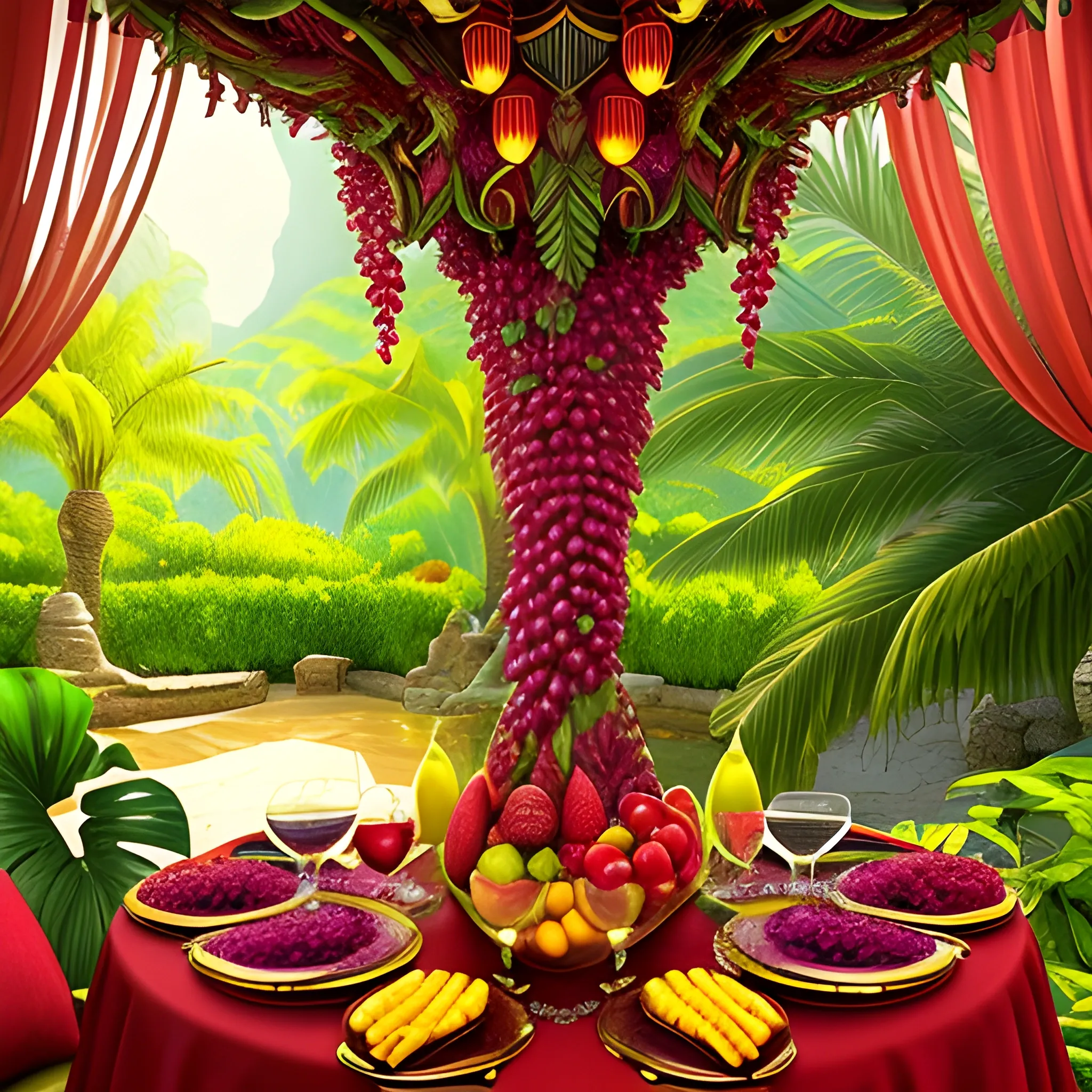 1. Begin by creating a surrealistic background  a cup of sangria with vibrant and lush tropical scenery. Use bold and contrasting colors to depict the foliage of the trees and the surrounding landscape.
2. Incorporate surreal elements like towering trees emerging from the drink that is a red sangria , their branches extending towards the sky. Let your imagination guide you as you create unique and fantastical tree formations.
3. Integrate hidden or partially visible caves or grottoes within the drink, giving the impression of an otherworldly oasis. Use intricate details and lighting to create an alluring and mysterious atmosphere.
4. Along the base of the wine glass, place a variety of refreshing fruits like apples, grapes, bananas, and pineapple. Play with their sizes and positions, allowing them to blend seamlessly into the composition.
5. Use vibrant and juicy colors for the fruits to enhance their refreshing appeal. Consider adding droplets of water on their surfaces to emphasize their coolness.
6. Incorporate subtle reflections and refractions on the glass surface to add a touch of realism. This will enhance the visual impact of the fruits and the surrounding environment.
7. Experiment with lighting to create a sense of sunlight filtering through the tropical foliage. Play with rays of light, casting shadows and illuminating certain areas to enhance the depth and atmosphere of the image.
8. Pay attention to the overall composition and ensure a harmonious balance between the surreal elements, the fruits, and the surrounding scenery. Continuously evaluate the visual impact and make necessary adjustments as needed.
9. Lastly, make sure the overall image conveys a sense of refreshment and tranquility. Use colors, textures, and details to evoke a feeling of coolness and relaxation.