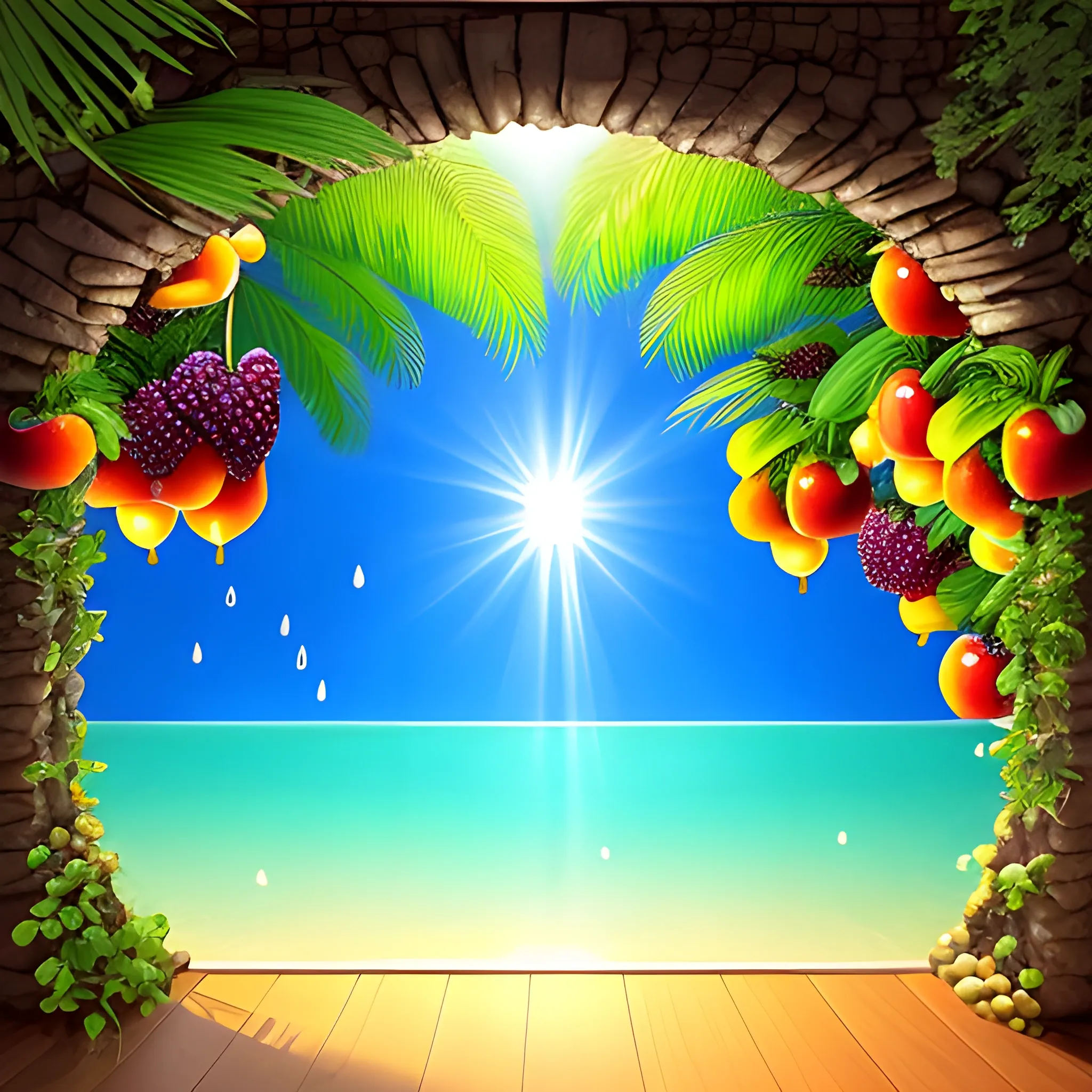 1. Begin by creating a surrealistic background  a cup of sangria with vibrant and lush tropical scenery. Use bold and contrasting colors to depict the foliage of the trees and the surrounding landscape.
2. Incorporate surreal elements like towering trees emerging from the drink that is a red sangria , their branches extending towards the sky. Let your imagination guide you as you create unique and fantastical tree formations.
3. Integrate hidden or partially visible caves or grottoes within the drink, giving the impression of an otherworldly oasis. Use intricate details and lighting to create an alluring and mysterious atmosphere.
4. Along the base of the wine glass, place a variety of refreshing fruits like apples, grapes, bananas, and pineapple. Play with their sizes and positions, allowing them to blend seamlessly into the composition.
5. Use vibrant and juicy colors for the fruits to enhance their refreshing appeal. Consider adding droplets of water on their surfaces to emphasize their coolness.
6. Incorporate subtle reflections and refractions on the glass surface to add a touch of realism. This will enhance the visual impact of the fruits and the surrounding environment.
7. Experiment with lighting to create a sense of sunlight filtering through the tropical foliage. Play with rays of light, casting shadows and illuminating certain areas to enhance the depth and atmosphere of the image.
8. Pay attention to the overall composition and ensure a harmonious balance between the surreal elements, the fruits, and the surrounding scenery. Continuously evaluate the visual impact and make necessary adjustments as needed.
9. Lastly, make sure the overall image conveys a sense of refreshment and tranquility. Use colors, textures, and details to evoke a feeling of coolness and relaxation.