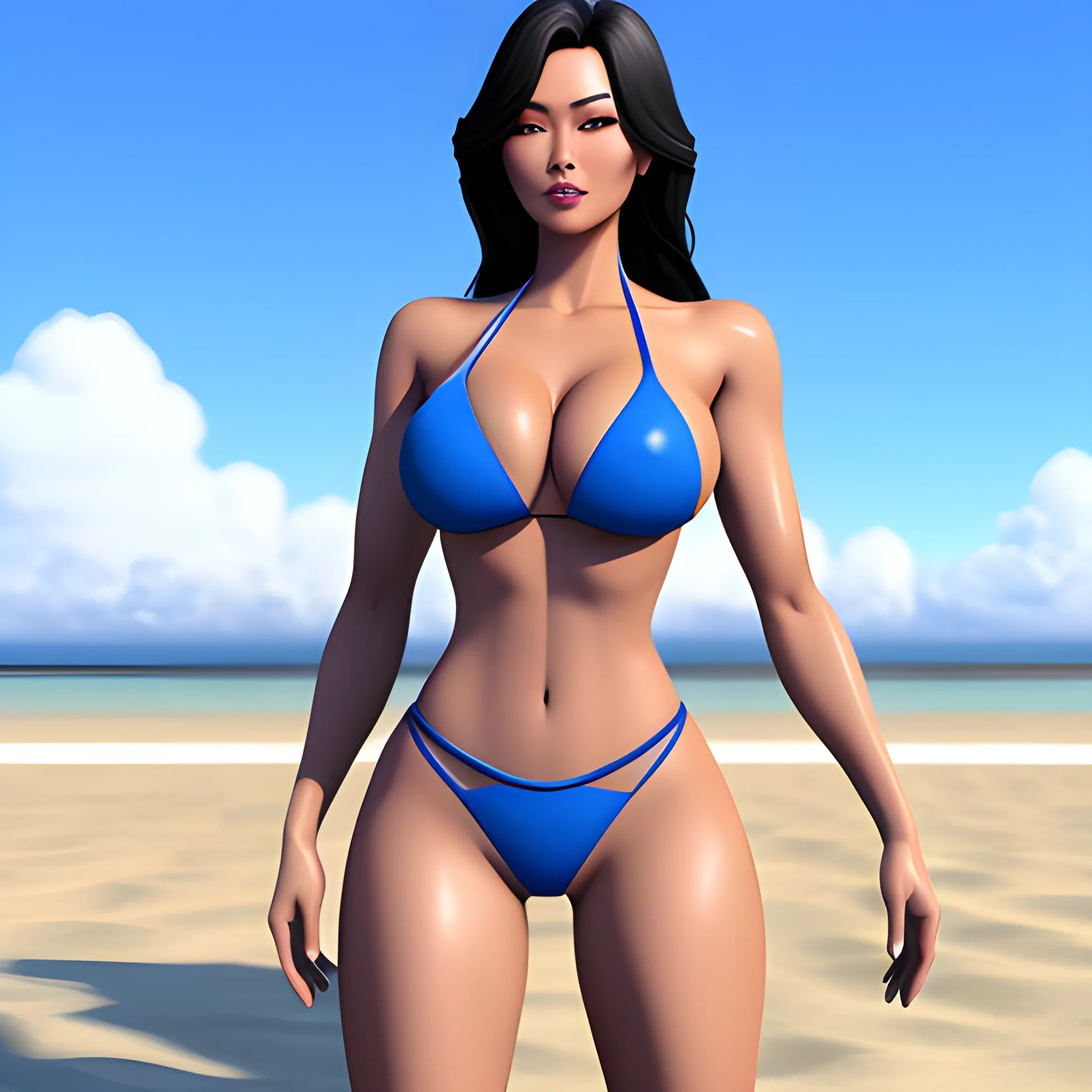 asian girl, sexy, sharp rendering, realistic, military, 3D, fullbody, young, hot, more realistic, beach, blue bikini, happy, 4k, 
, Cartoon