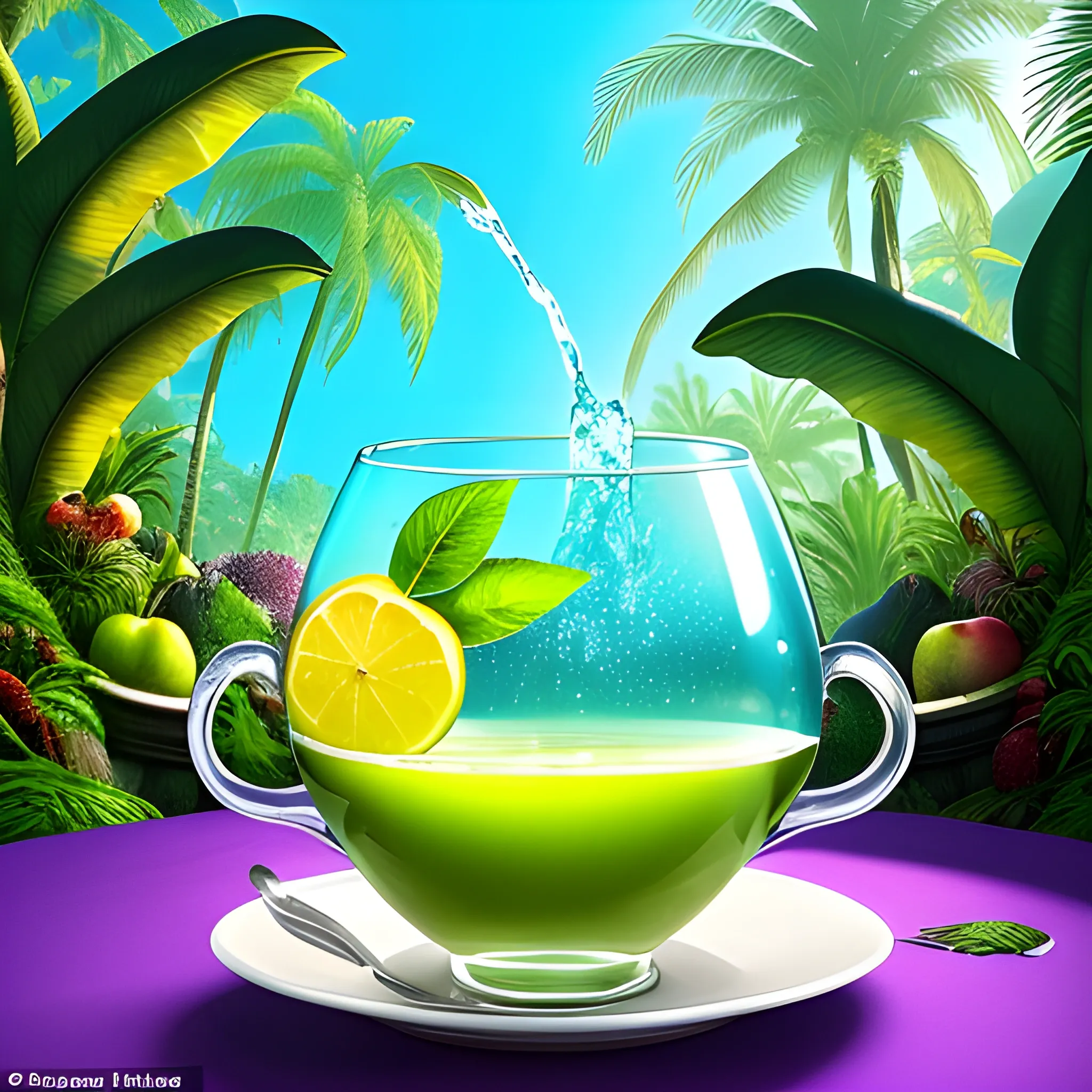 1. Begin by creating a surrealistic background  a cup of sangria with vibrant and lush tropical scenery. Use bold and contrasting colors to depict the foliage of the trees and the surrounding landscape.
2. Incorporate surreal elements like towering trees emerging from the drink, their branches extending towards the sky. Let your imagination guide you as you create unique and fantastical tree formations.
3. Integrate hidden or partially visible caves or grottoes within the drink, giving the impression of an otherworldly oasis. Use intricate details and lighting to create an alluring and mysterious atmosphere.
4. Along the base of the wine glass, place a variety of refreshing fruits like apples, grapes, bananas, and pineapple. Play with their sizes and positions, allowing them to blend seamlessly into the composition.
5. Use vibrant and juicy colors for the fruits to enhance their refreshing appeal. Consider adding droplets of water on their surfaces to emphasize their coolness.
6. Incorporate subtle reflections and refractions on the glass surface to add a touch of realism. This will enhance the visual impact of the fruits and the surrounding environment.
7. Experiment with lighting to create a sense of sunlight filtering through the tropical foliage. Play with rays of light, casting shadows and illuminating certain areas to enhance the depth and atmosphere of the image.
8. Pay attention to the overall composition and ensure a harmonious balance between the surreal elements, the fruits, and the surrounding scenery. Continuously evaluate the visual impact and make necessary adjustments as needed.
9. Lastly, make sure the overall image conveys a sense of refreshment and tranquility. Use colors, textures, and details to evoke a feeling of coolness and relaxation.