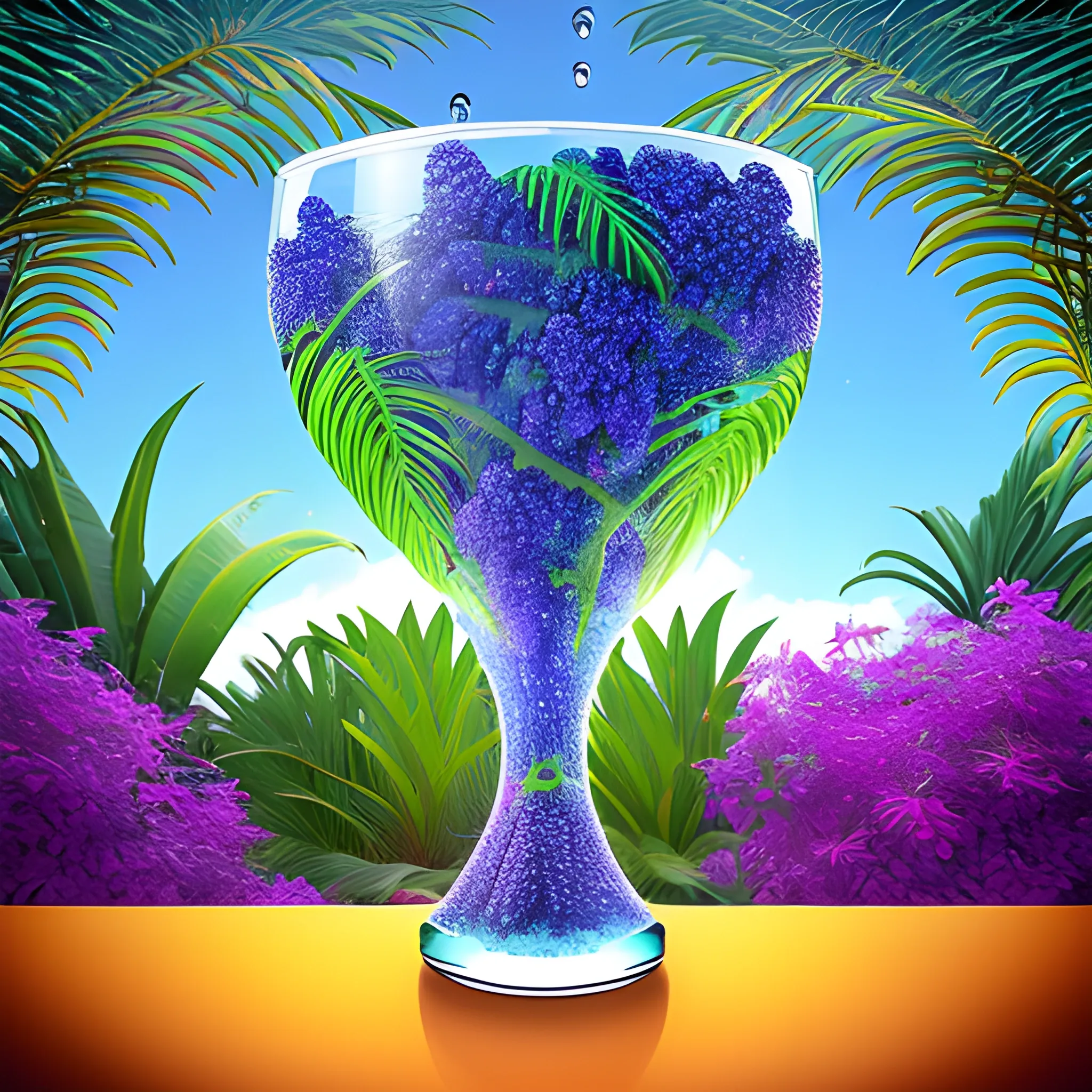 1. Begin by creating a surrealistic background with vibrant and lush tropical scenery. Use bold and contrasting colors to depict the foliage of the trees and the surrounding landscape.
2. Incorporate surreal elements like towering trees emerging from the drink, their branches extending towards the sky. Let your imagination guide you as you create unique and fantastical tree formations.
3. Integrate hidden or partially visible caves or grottoes within the drink, giving the impression of an otherworldly oasis. Use intricate details and lighting to create an alluring and mysterious atmosphere.
4. Along the base of the wine glass, place a variety of refreshing fruits like apples, grapes, bananas, and pineapple. Play with their sizes and positions, allowing them to blend seamlessly into the composition.
5. Use vibrant and juicy colors for the fruits to enhance their refreshing appeal. Consider adding droplets of water on their surfaces to emphasize their coolness.
6. Incorporate subtle reflections and refractions on the glass surface to add a touch of realism. This will enhance the visual impact of the fruits and the surrounding environment.
7. Experiment with lighting to create a sense of sunlight filtering through the tropical foliage. Play with rays of light, casting shadows and illuminating certain areas to enhance the depth and atmosphere of the image.
8. Pay attention to the overall composition and ensure a harmonious balance between the surreal elements, the fruits, and the surrounding scenery. Continuously evaluate the visual impact and make necessary adjustments as needed.
9. Lastly, make sure the overall image conveys a sense of refreshment and tranquility. Use colors, textures, and details to evoke a feeling of coolness and relaxation.