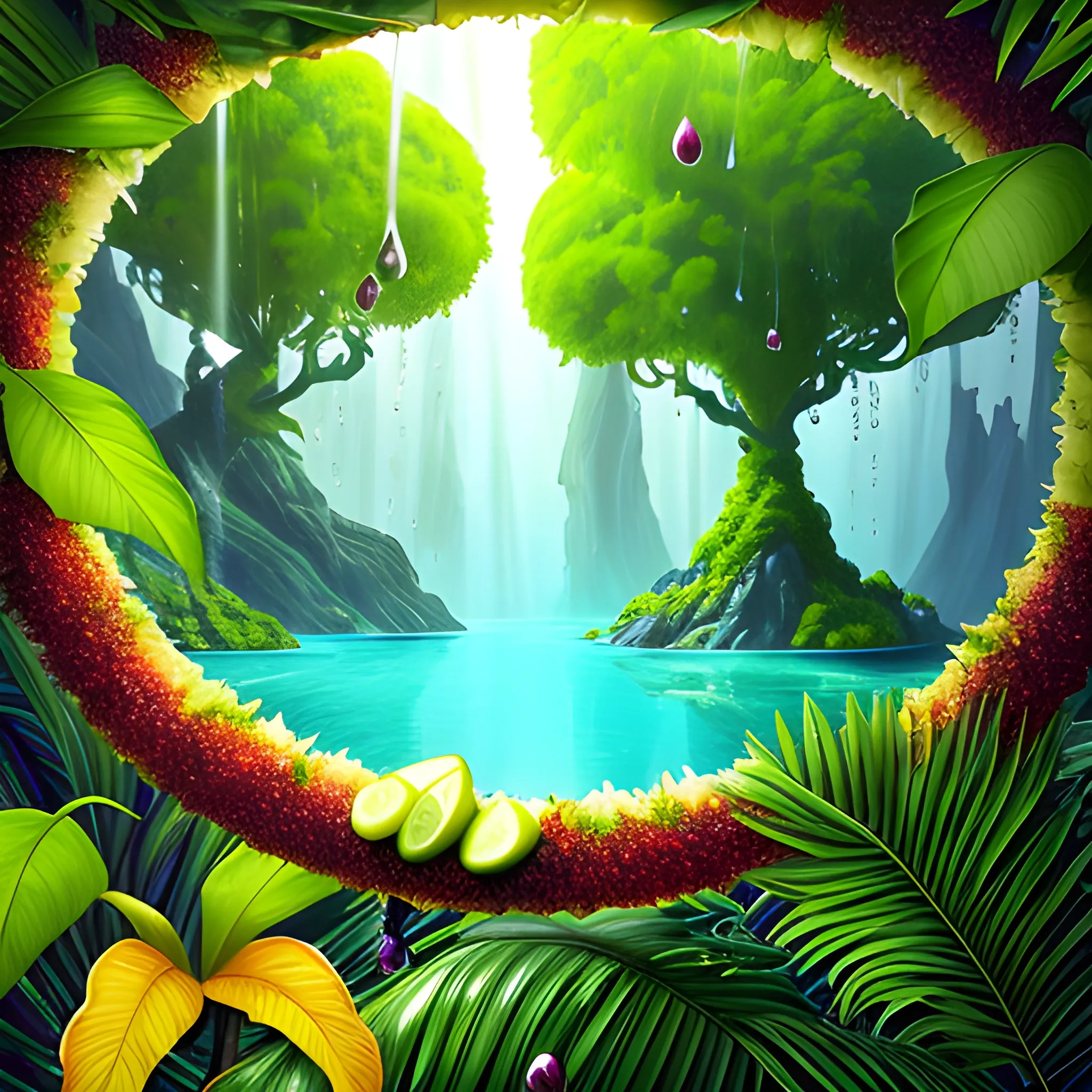 1. Begin by creating a surrealistic background with vibrant and lush tropical scenery. Use bold and contrasting colors to depict the foliage of the trees and the surrounding landscape.
2. Incorporate surreal elements like towering trees emerging from the drink, their branches extending towards the sky. Let your imagination guide you as you create unique and fantastical tree formations.
3. Integrate hidden or partially visible caves or grottoes within the drink, giving the impression of an otherworldly oasis. Use intricate details and lighting to create an alluring and mysterious atmosphere.
4. Along the base of the wine glass, place a variety of refreshing fruits like apples, grapes, bananas, and pineapple. Play with their sizes and positions, allowing them to blend seamlessly into the composition.
5. Use vibrant and juicy colors for the fruits to enhance their refreshing appeal. Consider adding droplets of water on their surfaces to emphasize their coolness.
6. Incorporate subtle reflections and refractions on the glass surface to add a touch of realism. This will enhance the visual impact of the fruits and the surrounding environment.
7. Experiment with lighting to create a sense of sunlight filtering through the tropical foliage. Play with rays of light, casting shadows and illuminating certain areas to enhance the depth and atmosphere of the image.
8. Pay attention to the overall composition and ensure a harmonious balance between the surreal elements, the fruits, and the surrounding scenery. Continuously evaluate the visual impact and make necessary adjustments as needed.
9. Lastly, make sure the overall image conveys a sense of refreshment and tranquility. Use colors, textures, and details to evoke a feeling of coolness and relaxation.