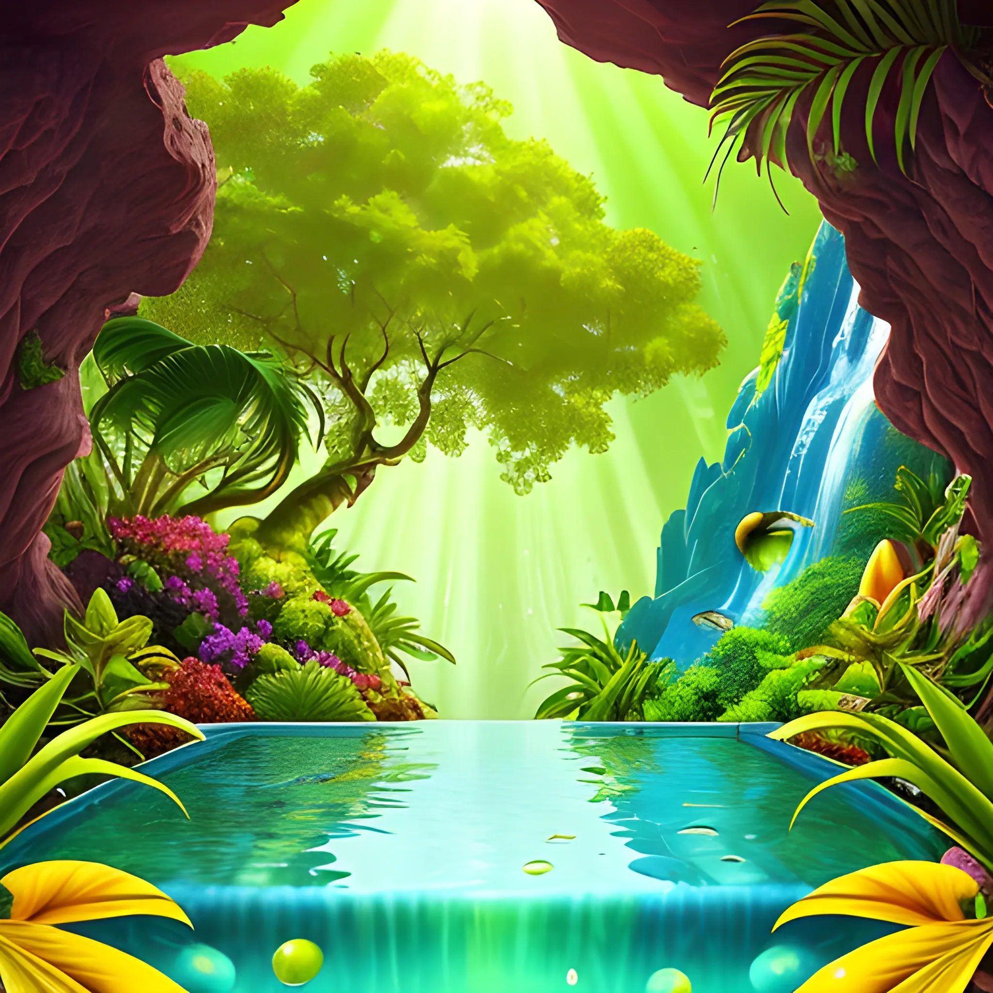 1. Begin by creating a surrealistic background with vibrant and lush tropical scenery. Use bold and contrasting colors to depict the foliage of the trees and the surrounding landscape.
2. Incorporate surreal elements like towering trees emerging from the drink, their branches extending towards the sky. Let your imagination guide you as you create unique and fantastical tree formations.
3. Integrate hidden or partially visible caves or grottoes within the drink, giving the impression of an otherworldly oasis. Use intricate details and lighting to create an alluring and mysterious atmosphere.
4. Along the base of the wine glass, place a variety of refreshing fruits like apples, grapes, bananas, and pineapple. Play with their sizes and positions, allowing them to blend seamlessly into the composition.
5. Use vibrant and juicy colors for the fruits to enhance their refreshing appeal. Consider adding droplets of water on their surfaces to emphasize their coolness.
6. Incorporate subtle reflections and refractions on the glass surface to add a touch of realism. This will enhance the visual impact of the fruits and the surrounding environment.
7. Experiment with lighting to create a sense of sunlight filtering through the tropical foliage. Play with rays of light, casting shadows and illuminating certain areas to enhance the depth and atmosphere of the image.
8. Pay attention to the overall composition and ensure a harmonious balance between the surreal elements, the fruits, and the surrounding scenery. Continuously evaluate the visual impact and make necessary adjustments as needed.
9. Lastly, make sure the overall image conveys a sense of refreshment and tranquility. Use colors, textures, and details to evoke a feeling of coolness and relaxation.