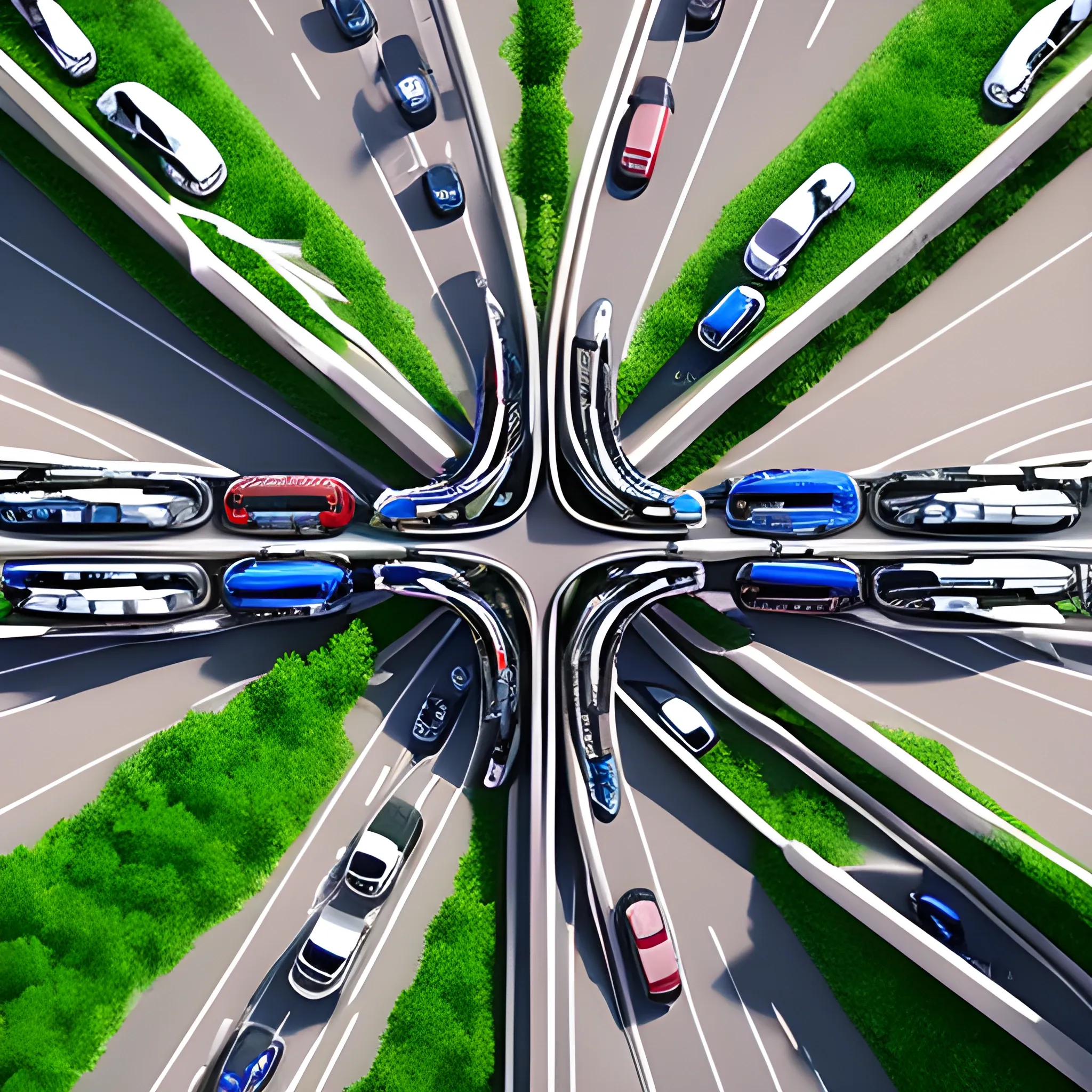 many connected vehicles connecting with each other on the road, 3D