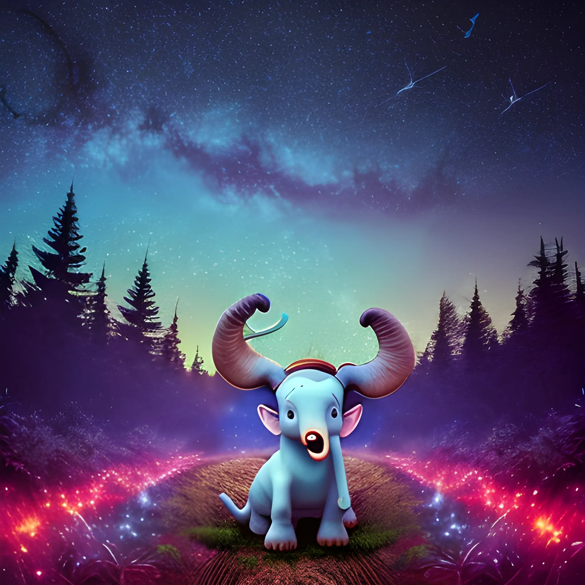 Dumbo, laughing, starry sky, forest, 4K，, Trippy