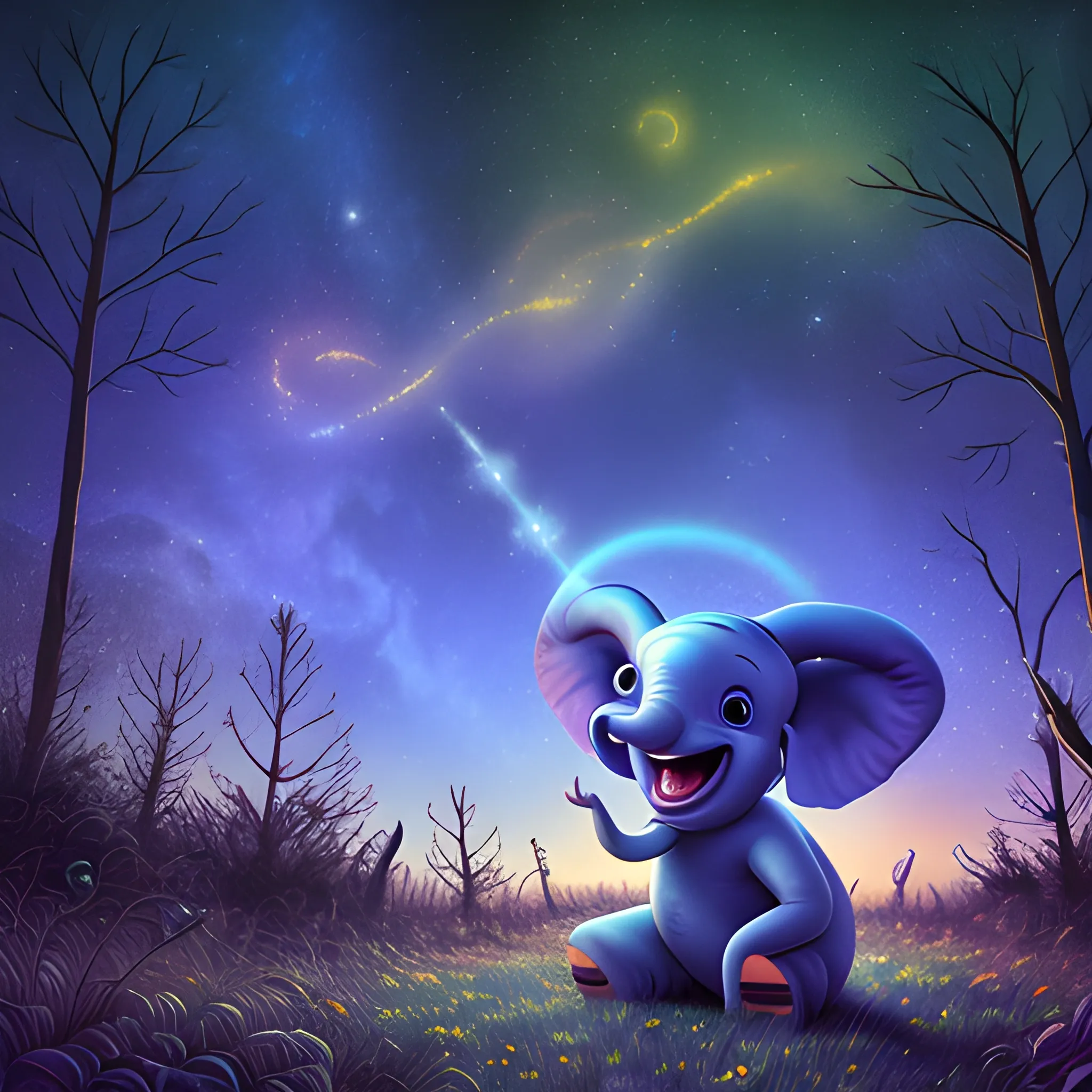 Dumbo, laughing, starry sky, forest, 4K，, Trippy, Cartoon