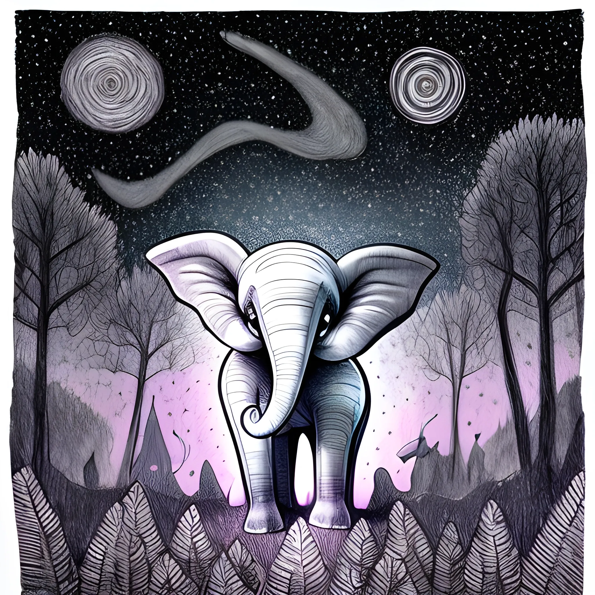 Dumbo, laughing, starry sky, forest, 4K，, Trippy, Cartoon, Trippy, Pencil Sketch