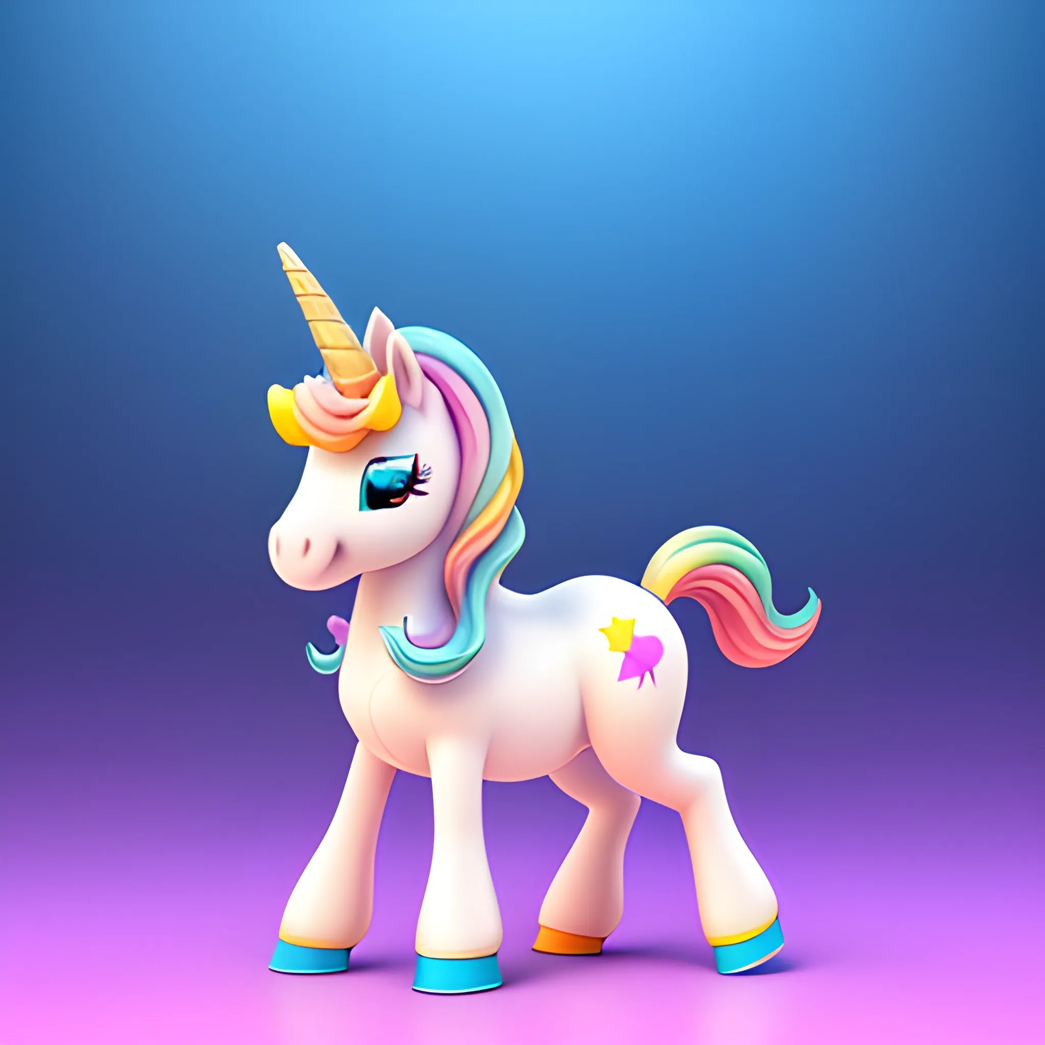 Super Adorable small unicorn, rendered by pixar cartoon, sweet smile, character full body, so cute, excited, bright eyes, big and colorful eyes, slim body big head, shiny and fluffy, fairytale, energetic, playful, 3D, incredibly high detail, 16k, octane rendering, gorgeous, ultra-wide angle, colorful gradient background,