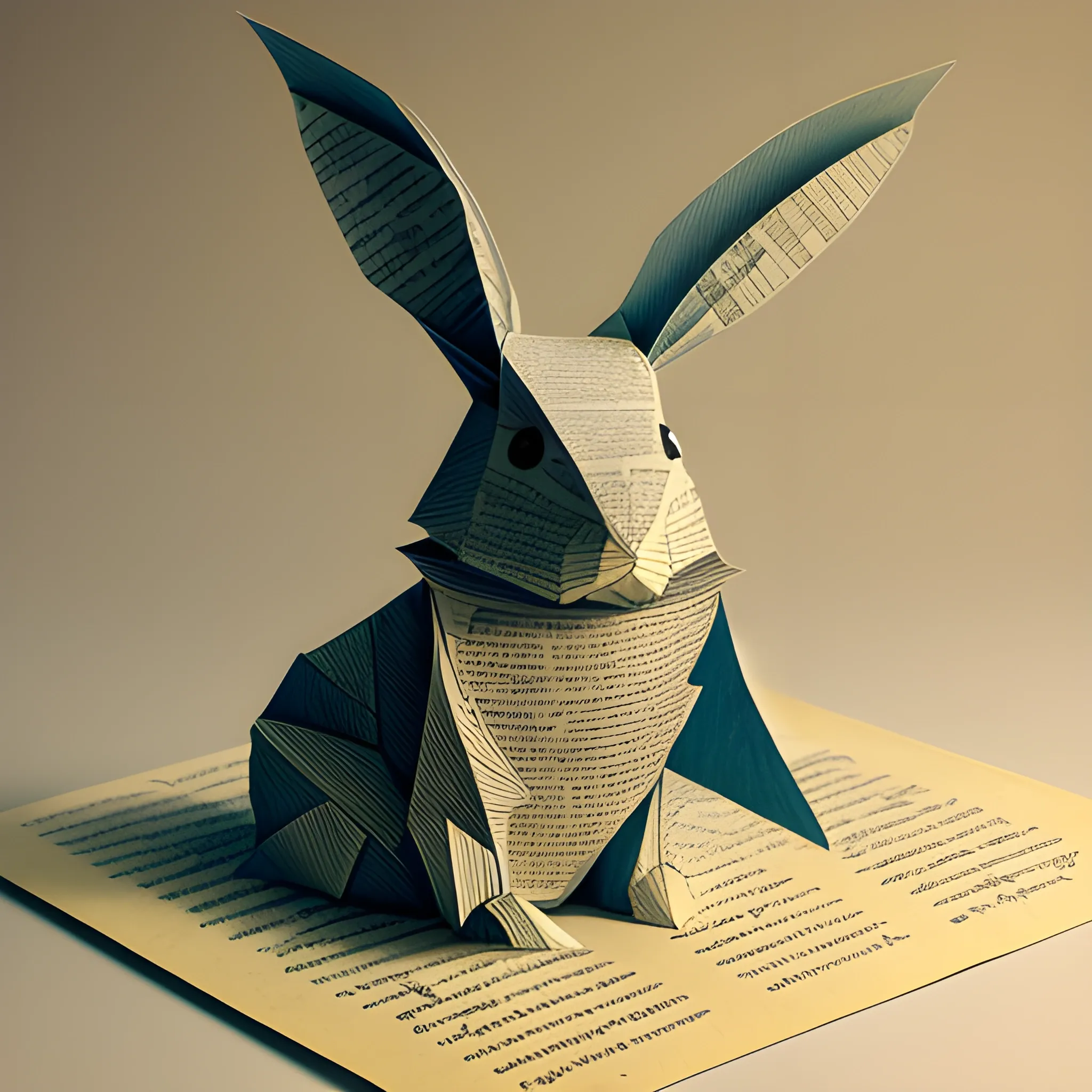 A layered paper rabbit, crafted with Vintage Manuscript Paper with hyper details, soft light , 3D