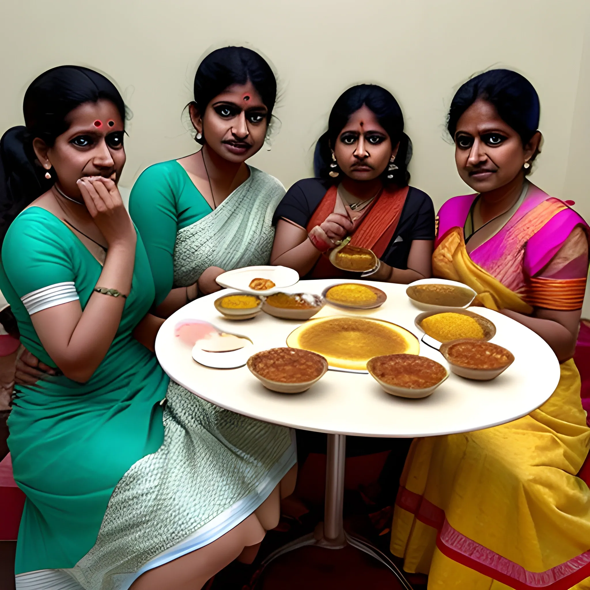 5 ladies dressed in frocks  eating idli and dosa