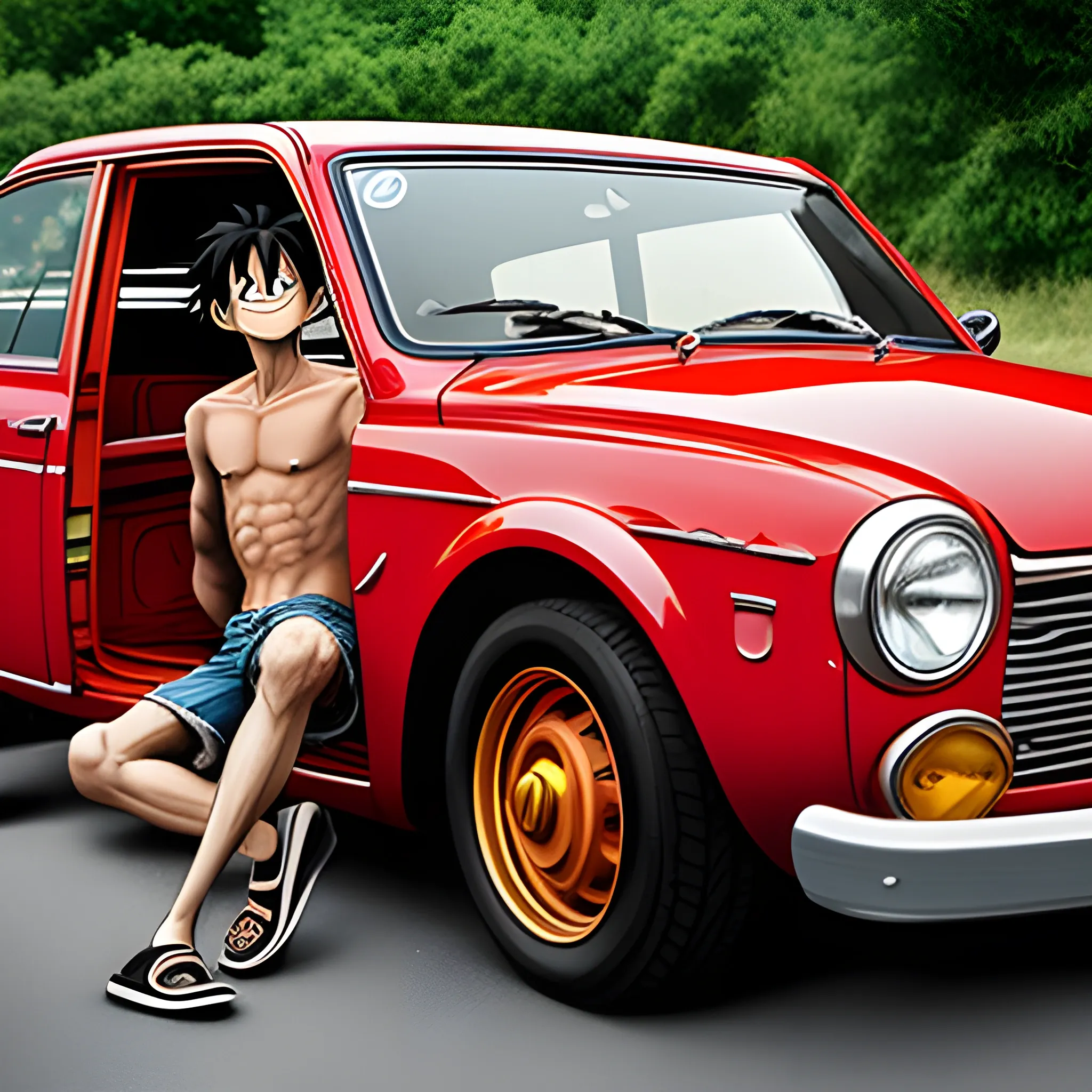 Monkey D Luffy in einem Auto
