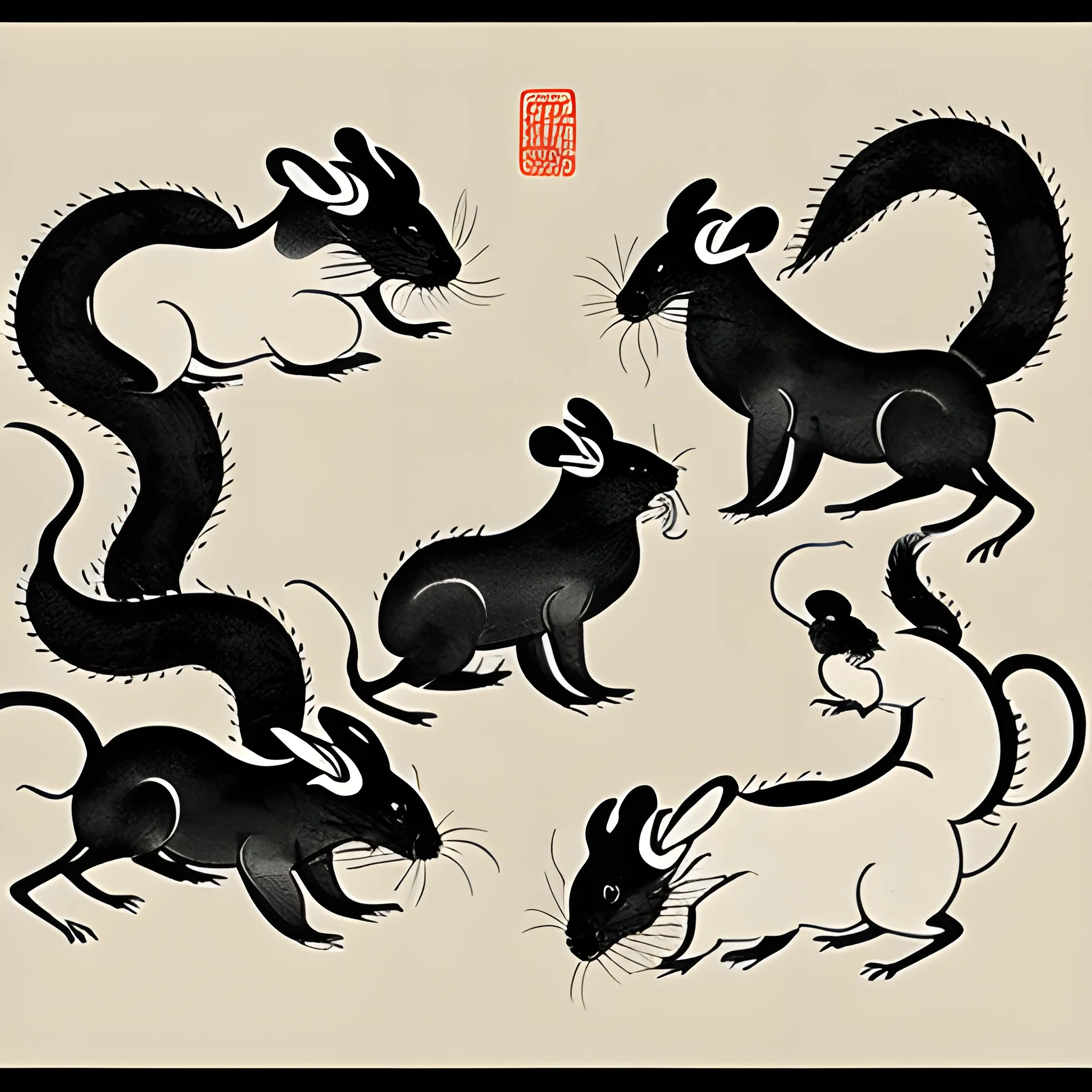 Create a Chinese ink painting-style artwork with the theme of 'Six Rats Bring Auspiciousness.' Please depict six rats in lively poses with delicate lines. Emphasize the ethereal and poetic qualities of the artwork, conveying a sense of joy, happiness, and good fortune. The artwork should capture the essence of Chinese ink painting, showcasing its traditional charm and elegance.