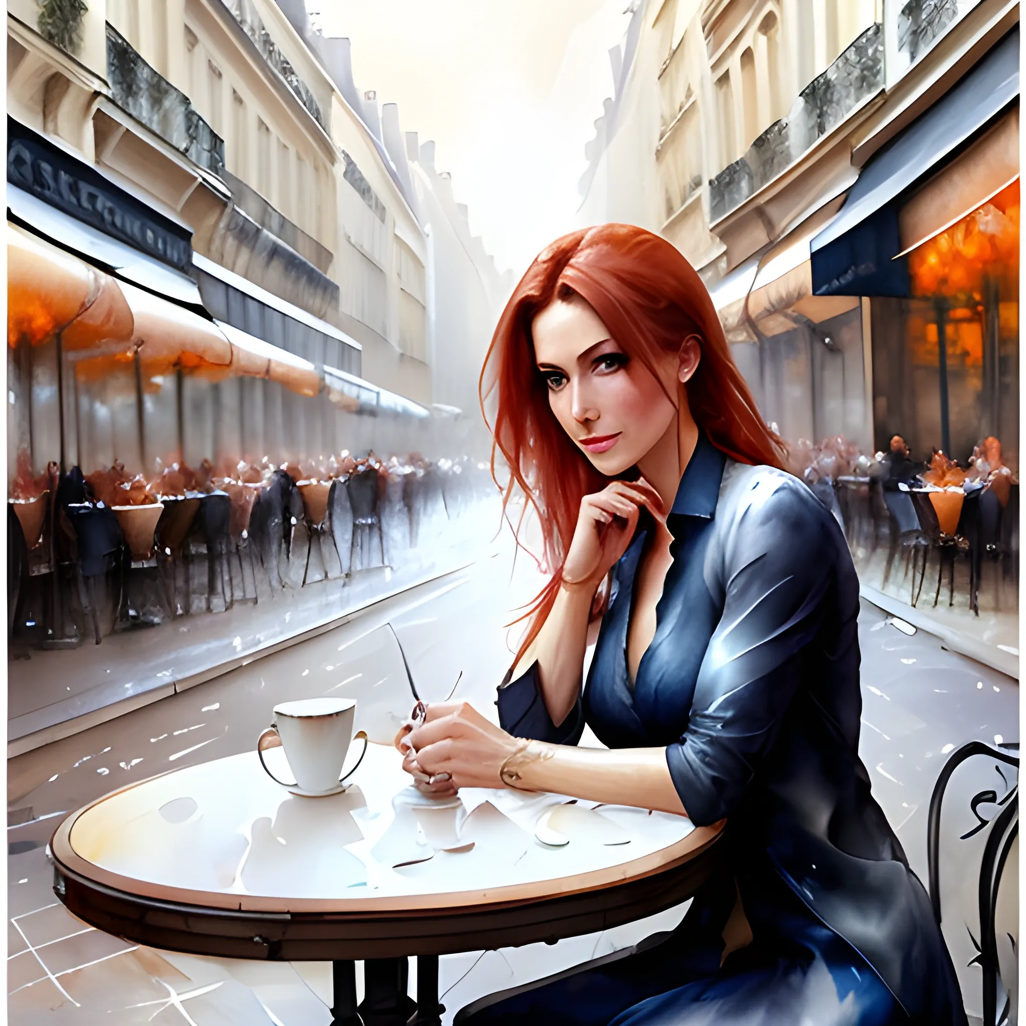 a stunningly beautiful young woman sitting in a Parisian street café, portrait by Willem Haenraets, watercolor, wet on wet and splattering techniques, centered, perfect composition, abstraction, surrealism, 3D, Water Color