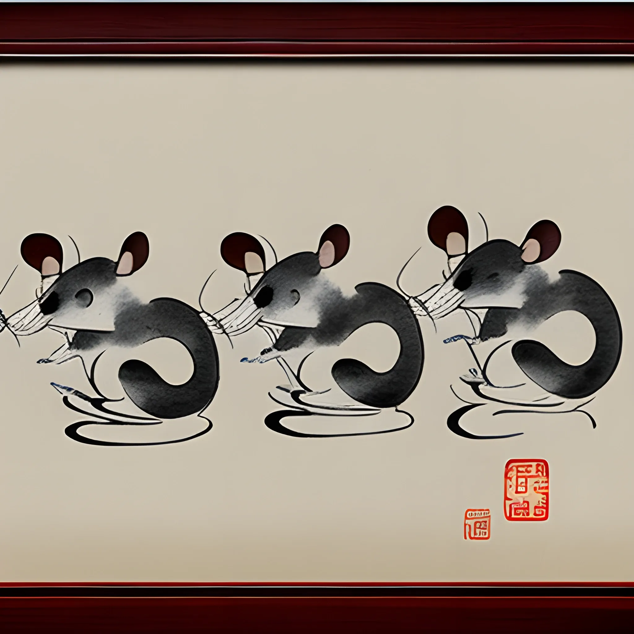 Elegant Ink Painting of Six Mice in Traditional Chinese Style