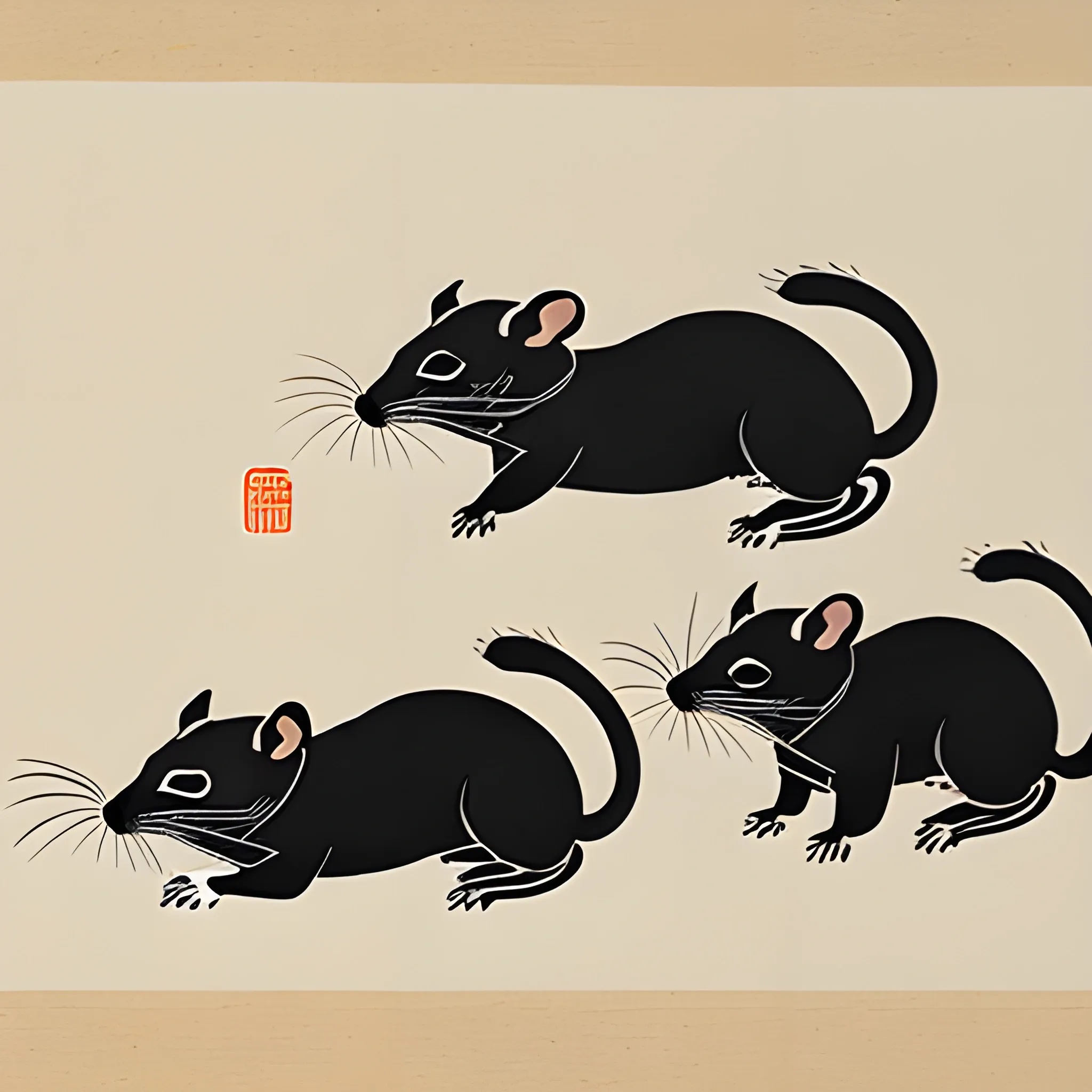 Elegant Ink Painting of 6 rats in Traditional Chinese Style