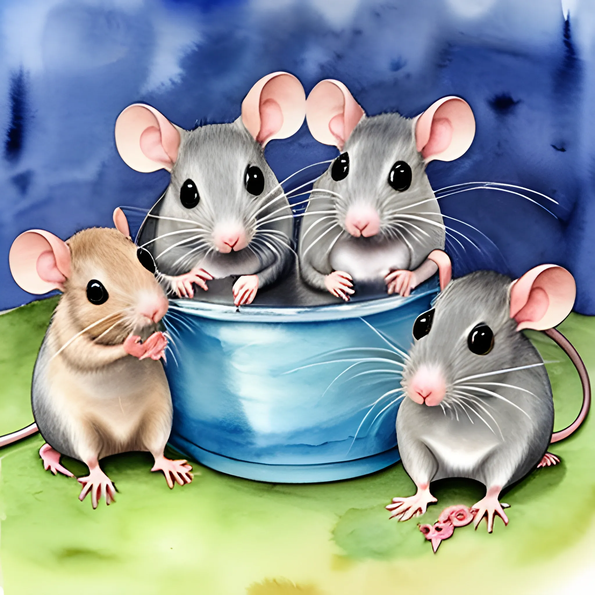  six cute rats ，please 6 rats, Water Color