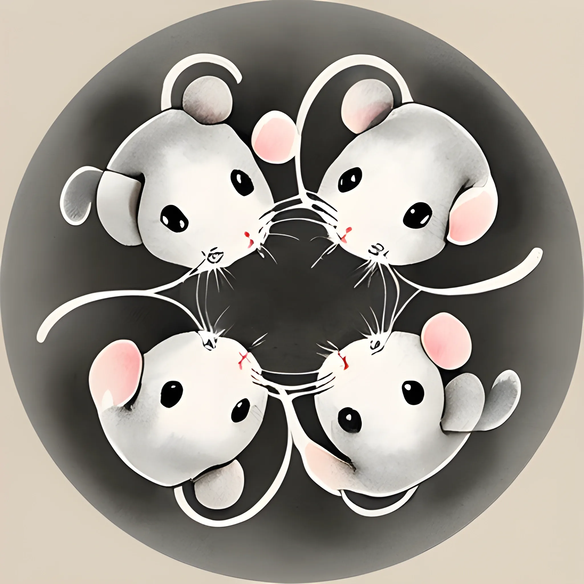 Create an ink wash painting in the style of Chinese brushwork featuring six charming mice. The mice should be arranged in a circular formation, with two mice positioned at the center, close to each other, symbolizing unity and friendship. The remaining four mice should encircle the center, each in a unique pose and location, gradually expanding outward. The composition should evoke a sense of joy, harmony, and playfulness. Capture the essence of these adorable mice in the traditional ink wash painting style, emphasizing flowing brushstrokes and subtle ink gradations