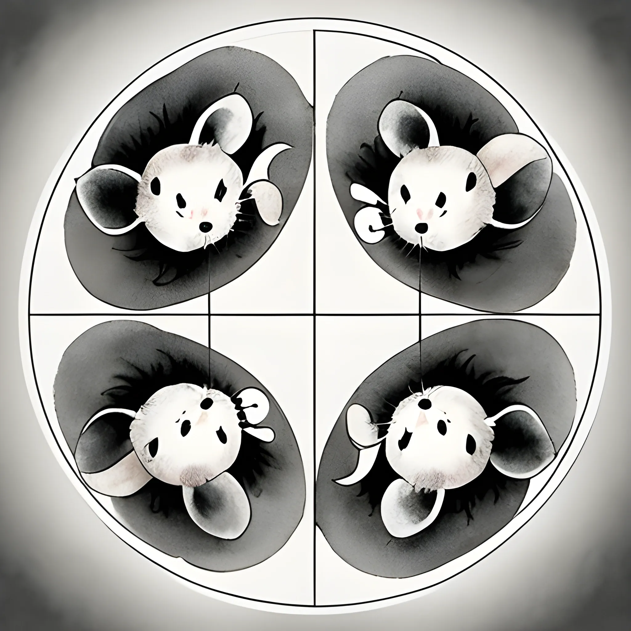 Create an ink wash painting in the style of Chinese brushwork featuring six charming mice. The mice should be arranged in a circular formation, with two mice positioned at the center, close to each other, symbolizing unity and friendship. The remaining four mice should encircle the center, each in a unique pose and location, gradually expanding outward. The composition should evoke a sense of joy, harmony, and playfulness. Capture the essence of these adorable mice in the traditional ink wash painting style, emphasizing flowing brushstrokes and subtle ink gradations