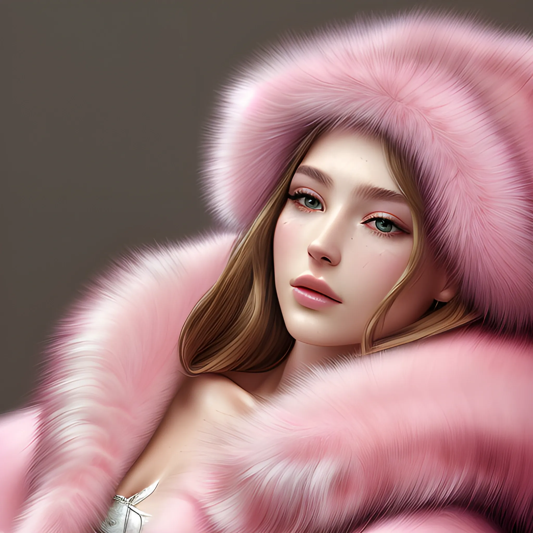 best quality, masterpiece, ultra high res, photorealistic, detailed skin, pink fur coat, lounging