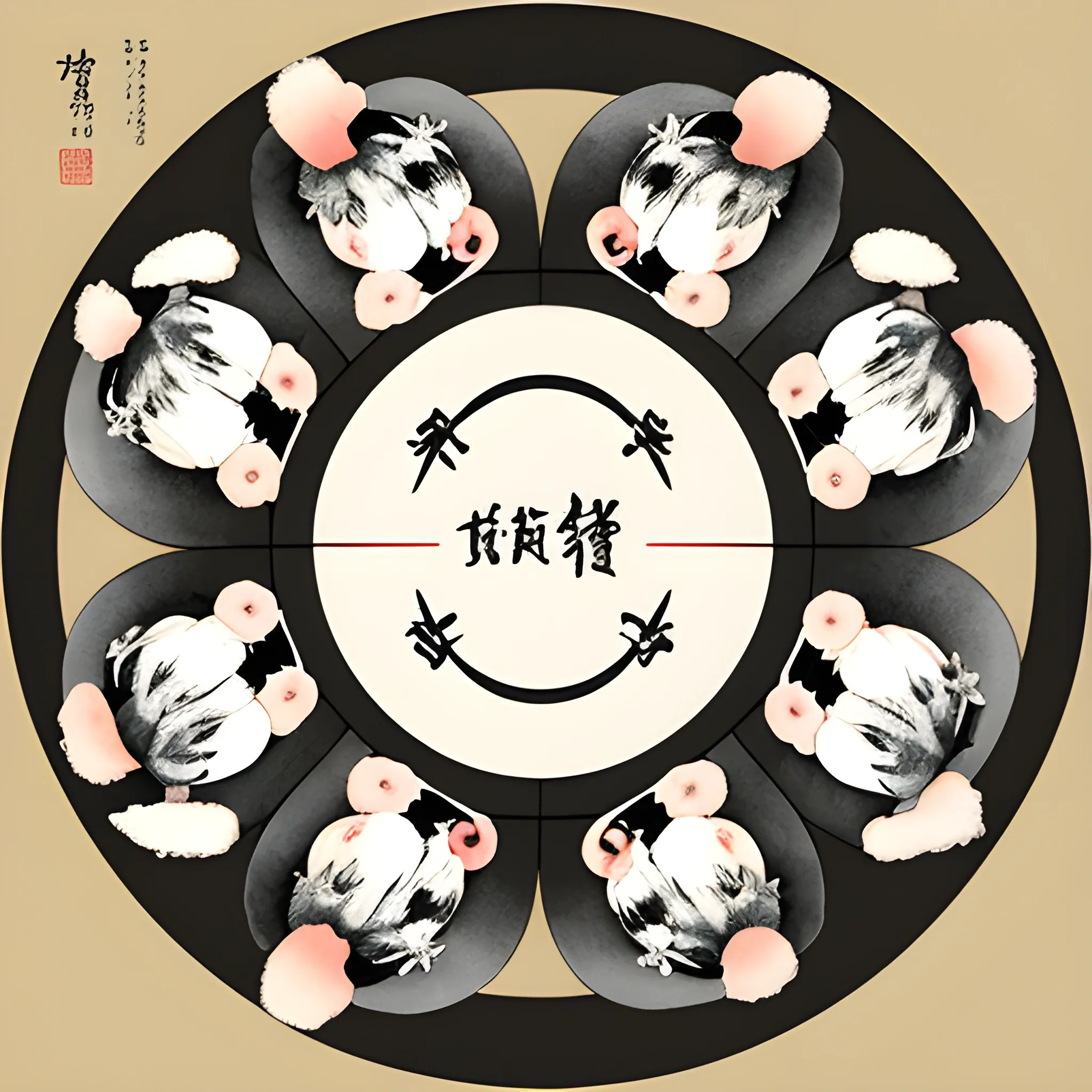 Create an ink wash painting in the style of Chinese brushwork featuring six charming mice. The mice should be arranged in a circular formation, with two mice positioned at the center, close to each other, symbolizing unity and friendship. The remaining four mice should encircle the center, each in a unique pose and location, gradually expanding outward. 