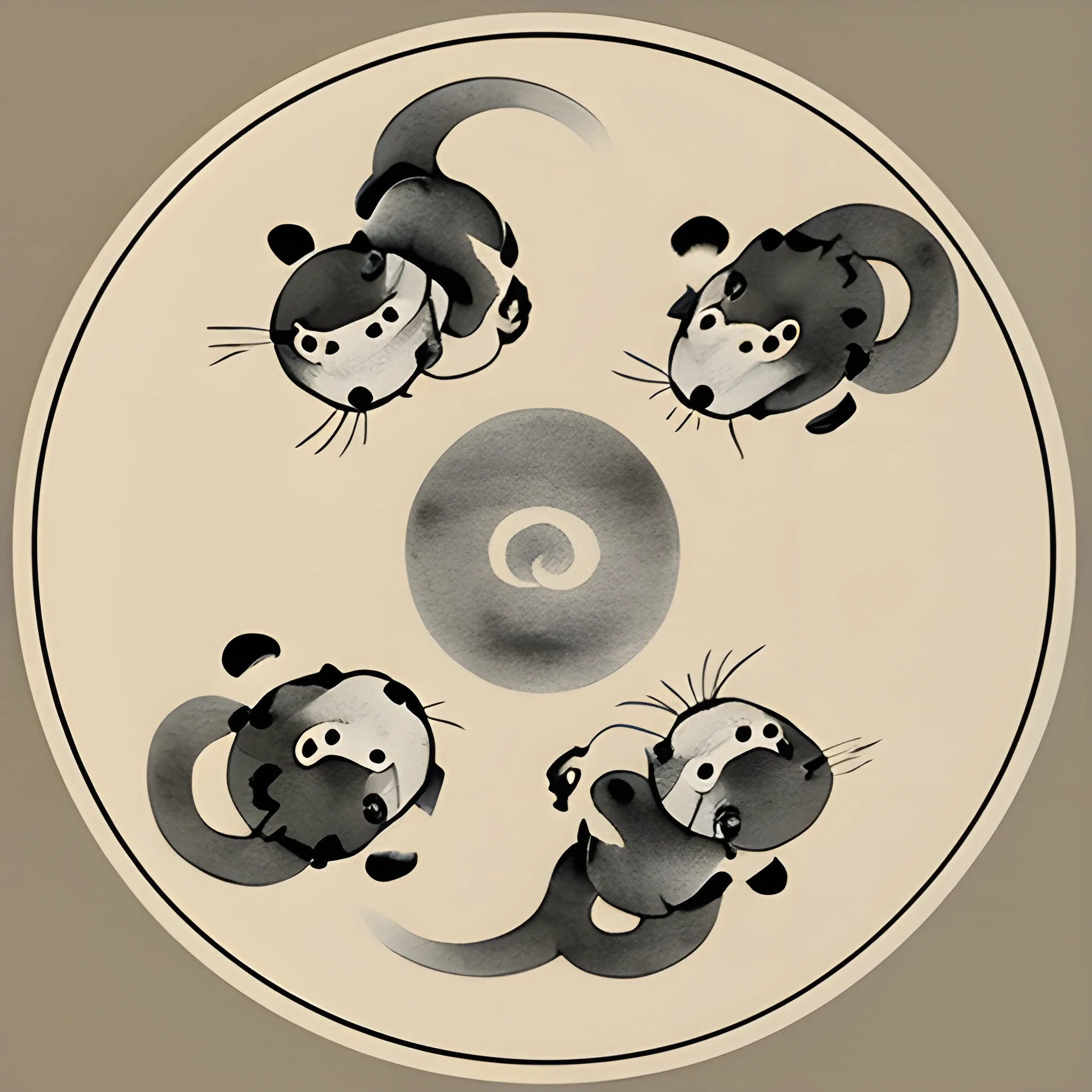 Create an ink wash painting in the style of Chinese brushwork featuring six charming mice. The mice should be arranged in a circular formation