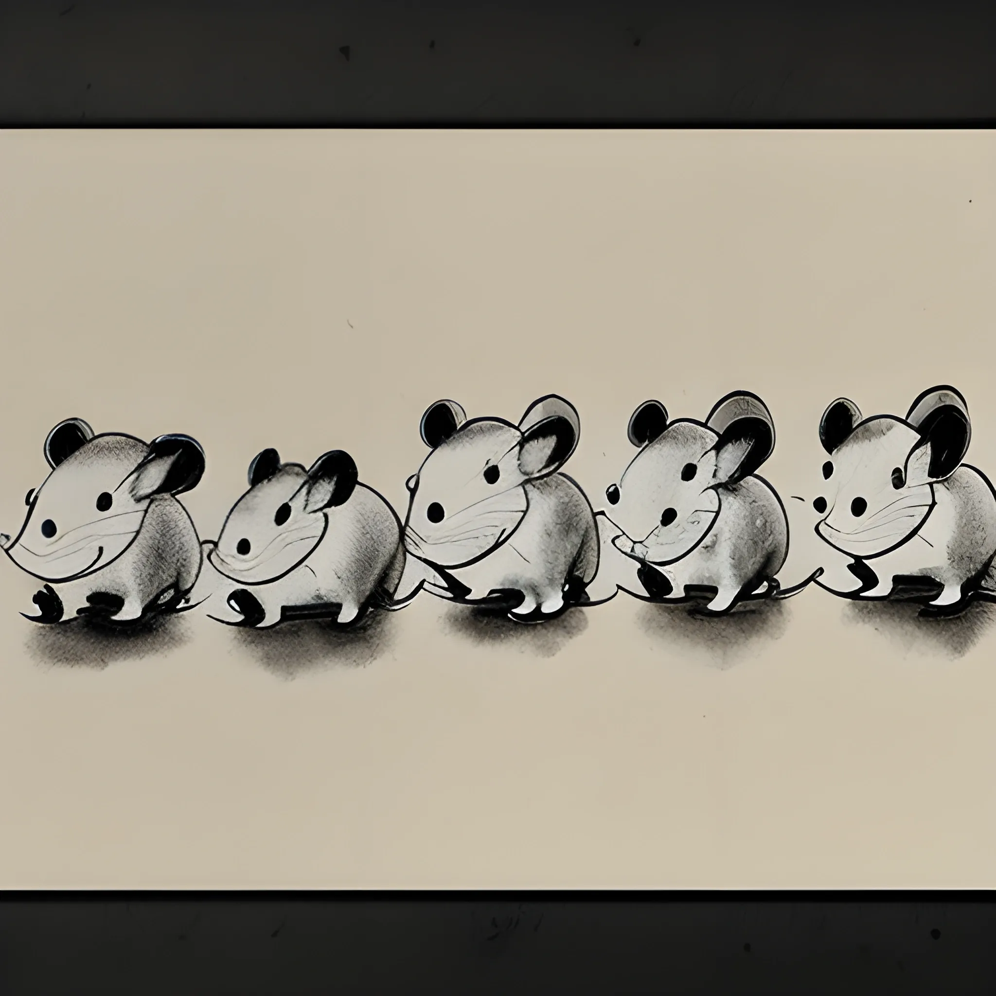 Create an ink wash painting in the style of Chinese brushwork featuring six charming mice. , Pencil Sketch