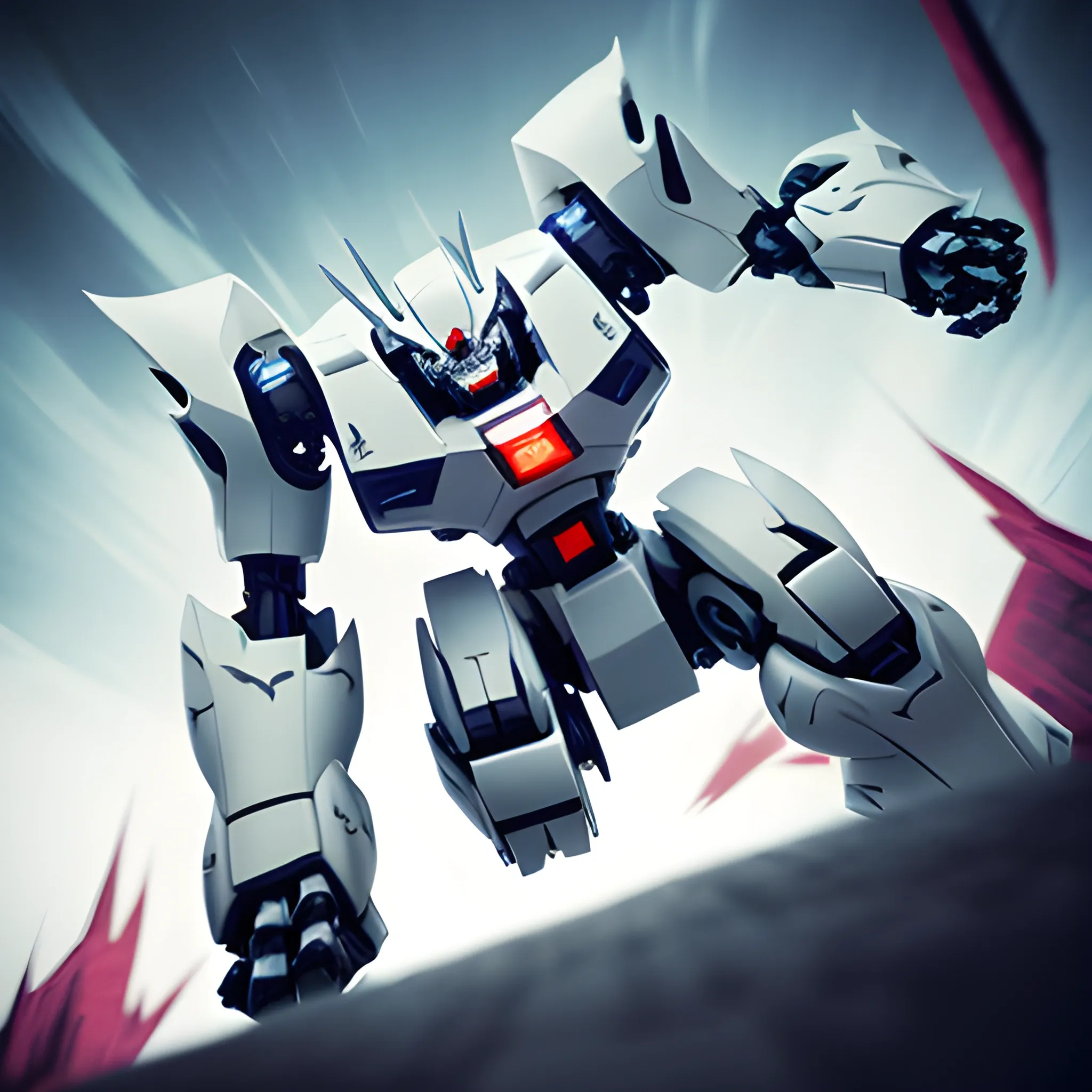 high quality photo, low angle shot, evil white, mecha, running, background speed blur,