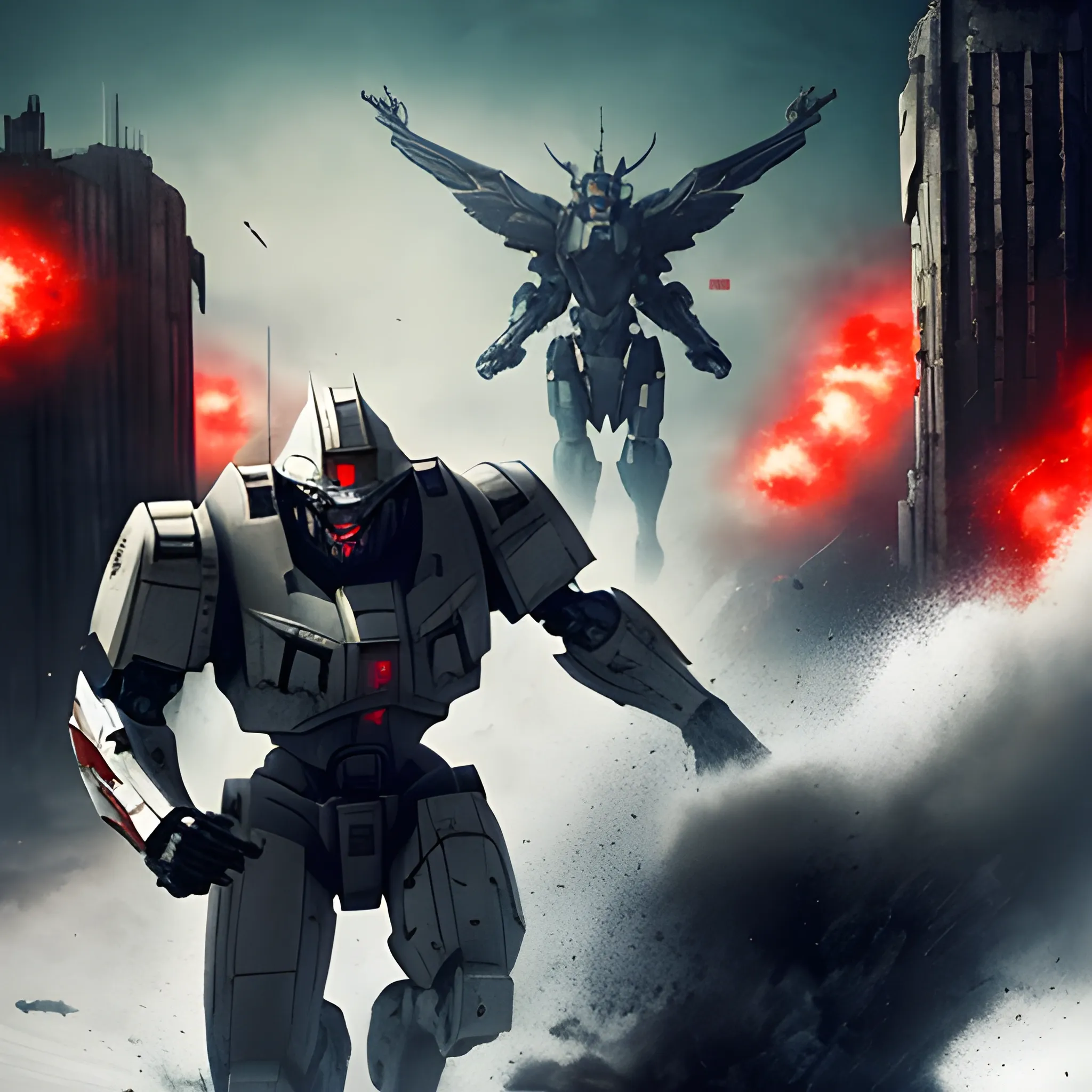 high quality russian propaganda poster, cinematic movie still, low angle shot, evil white, mecha, running, background speed blur,dystopian ruins in background