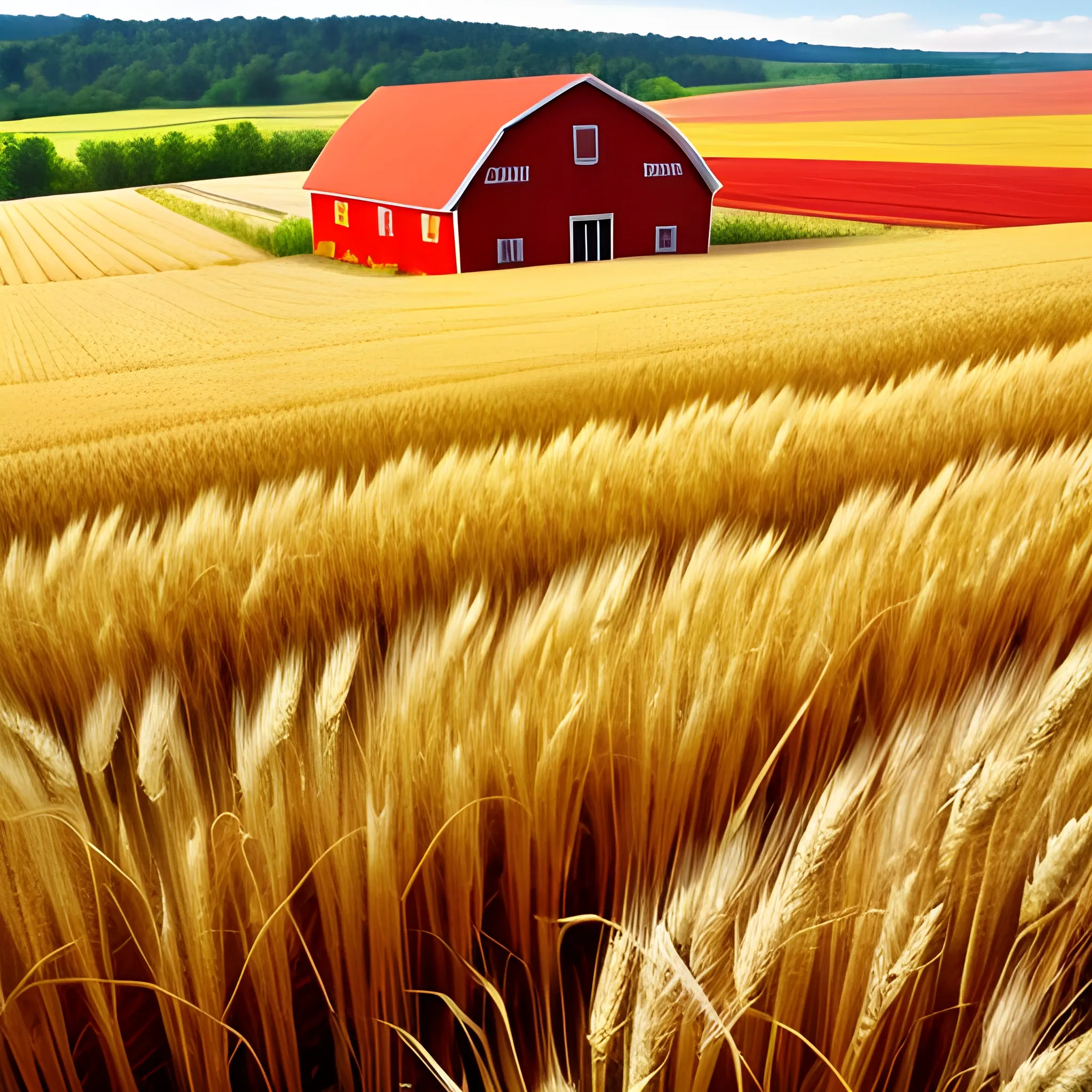 A red American farm in the middle of golden wheat fields