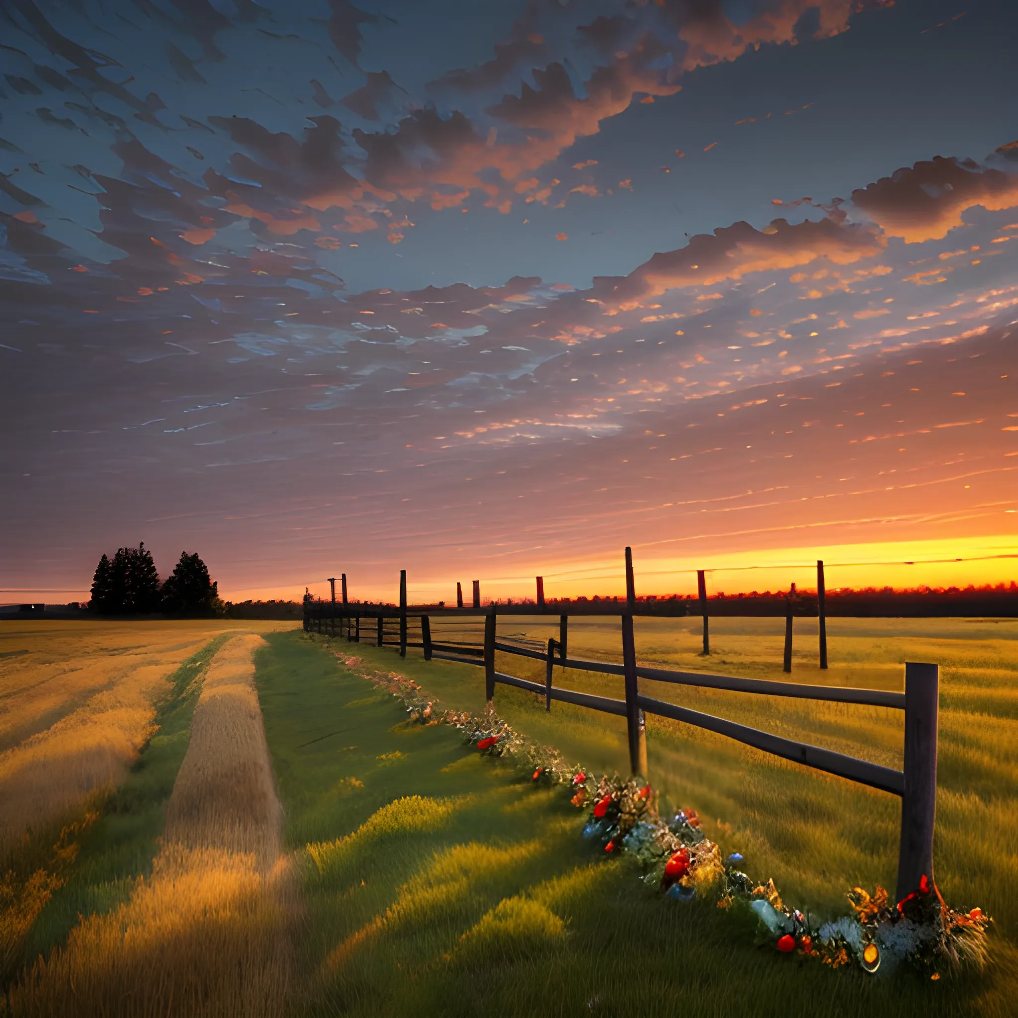 Midwestern landscape at sunset with a wooden jackleg fence running through a field next to a road, there is a wreath of flowers on one of the posts and candles below it, nature photo, buck-and-rail fences, Wyoming, high resolution, hdr, landscape photography,