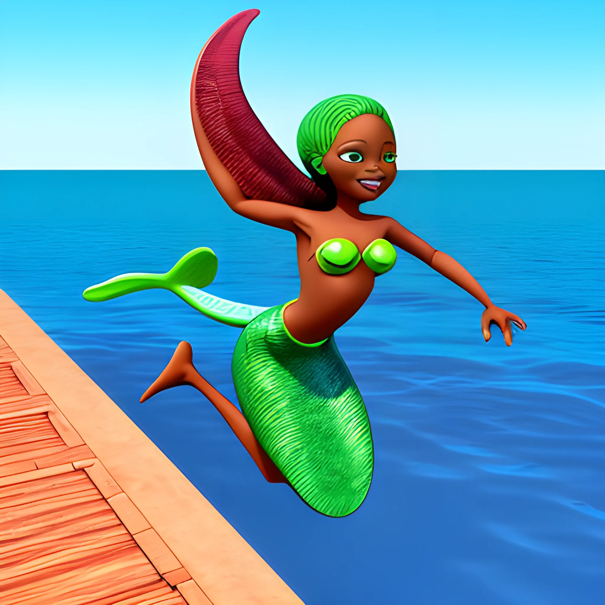 african mermaid jumping out of the ocean, Cartoon, 3D