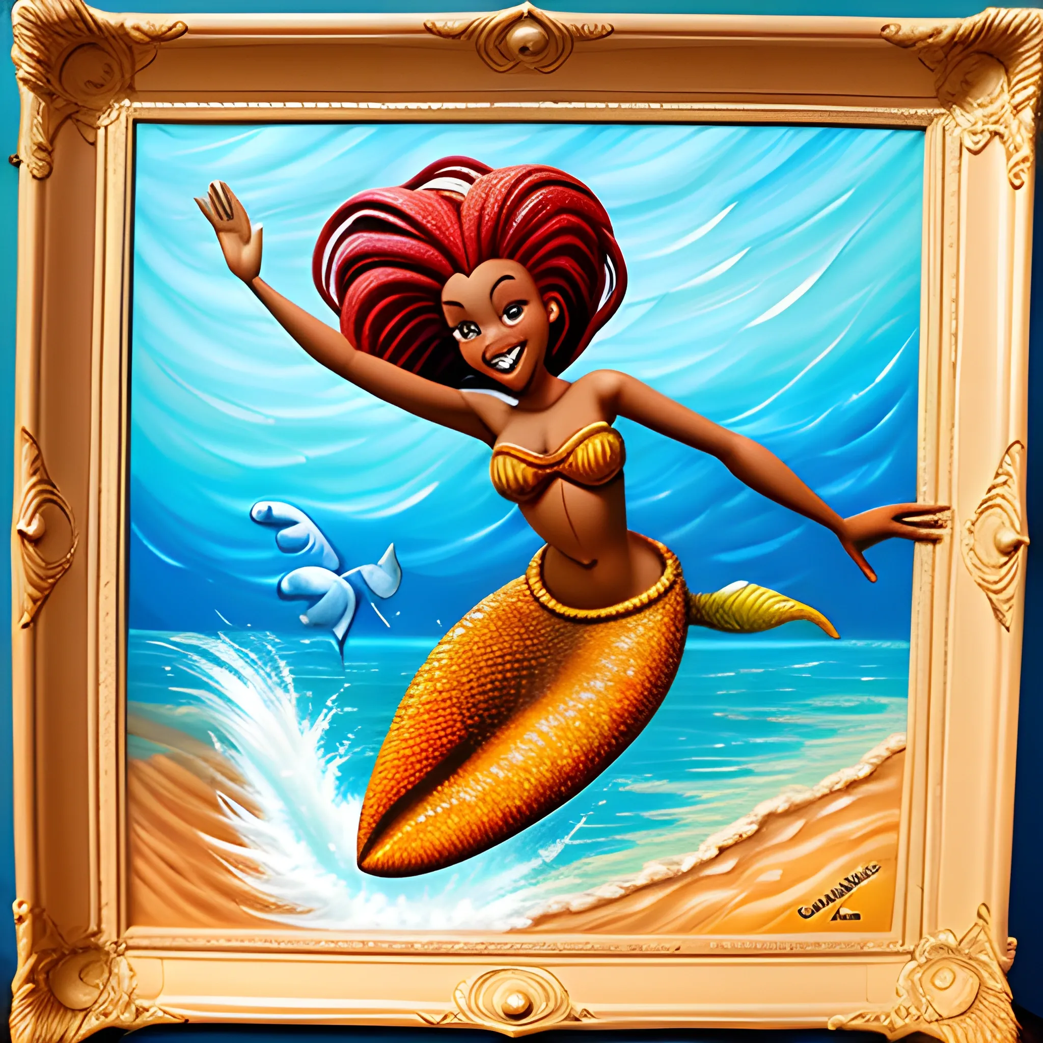 african mermaid jumping out of the ocean in the style of disney, Cartoon, 3D, , Oil Painting