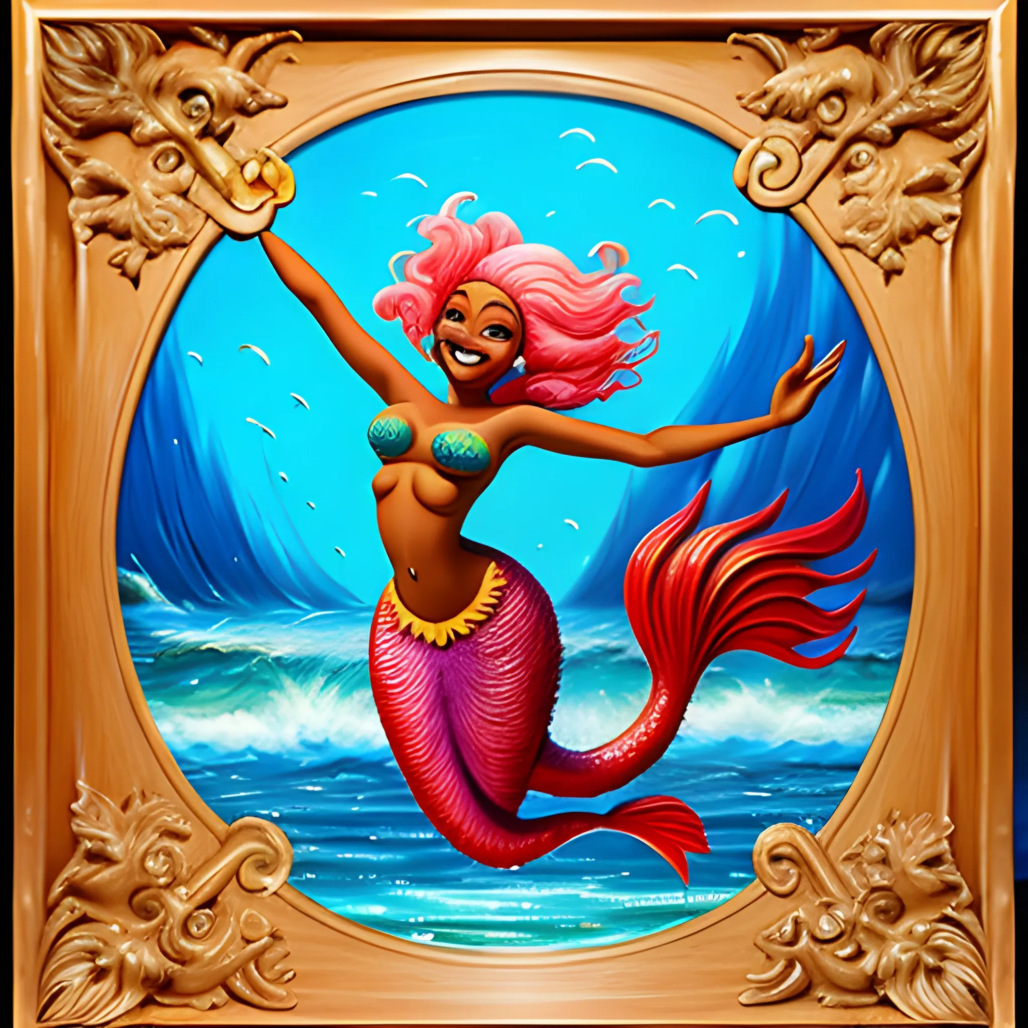 african mermaid jumping out of the ocean in the style of disney, Cartoon, 3D, , Oil Painting