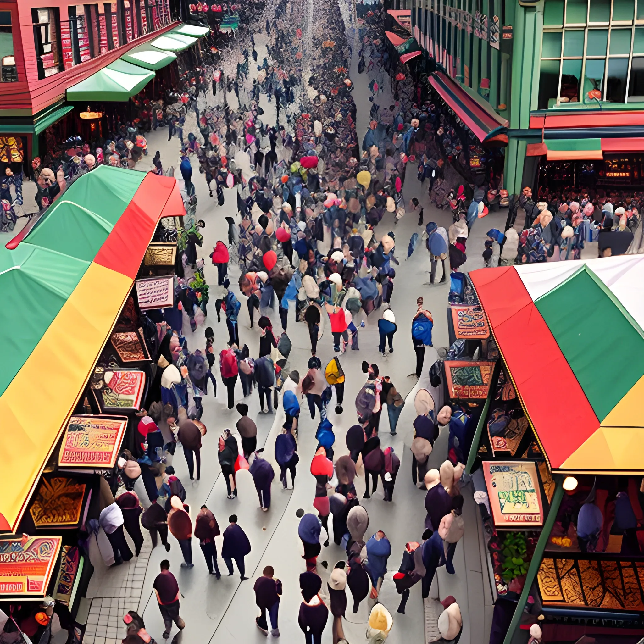 a crowded scene in pike place market in seattle, top view, by jeff carslile, colorful, intricate, highly detailed, rich colors,  cartoonish, studio ghibli, where's waldo style