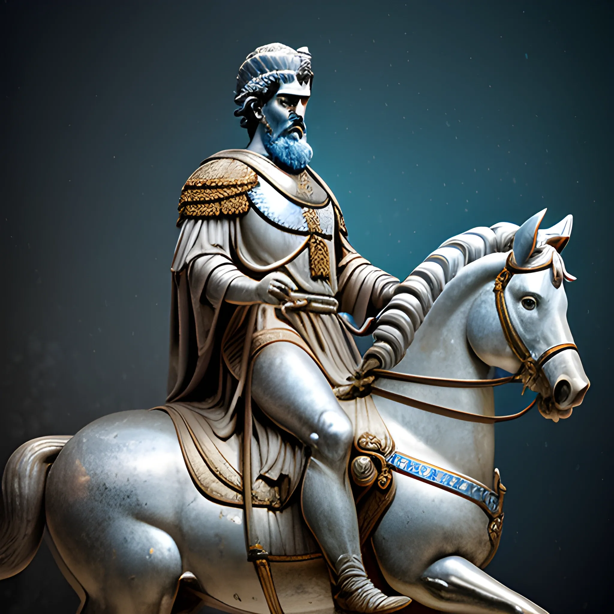 photorealistic image of Marcus Aurelius as an emperor riding a horse though rome, full body, ominous smile, dimmed lighting, blue painted wet hair, wet makeup, evil grim, bokeh lighting