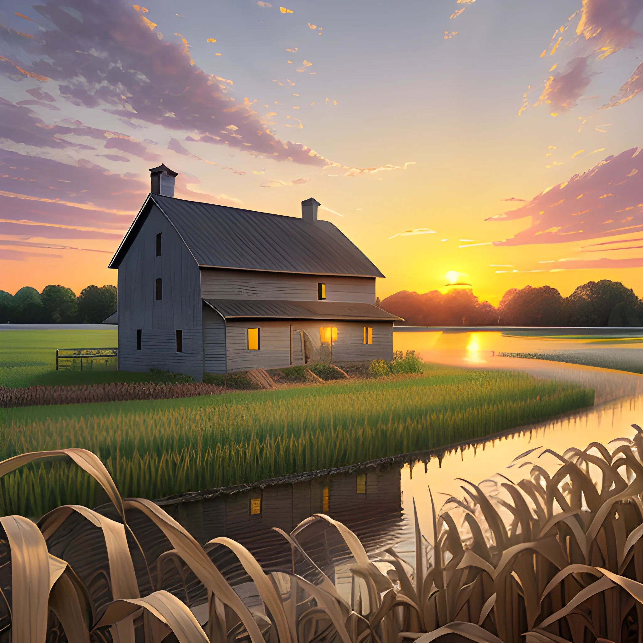 Old Farm House In The Summer Sunset Midwest North America Corn 