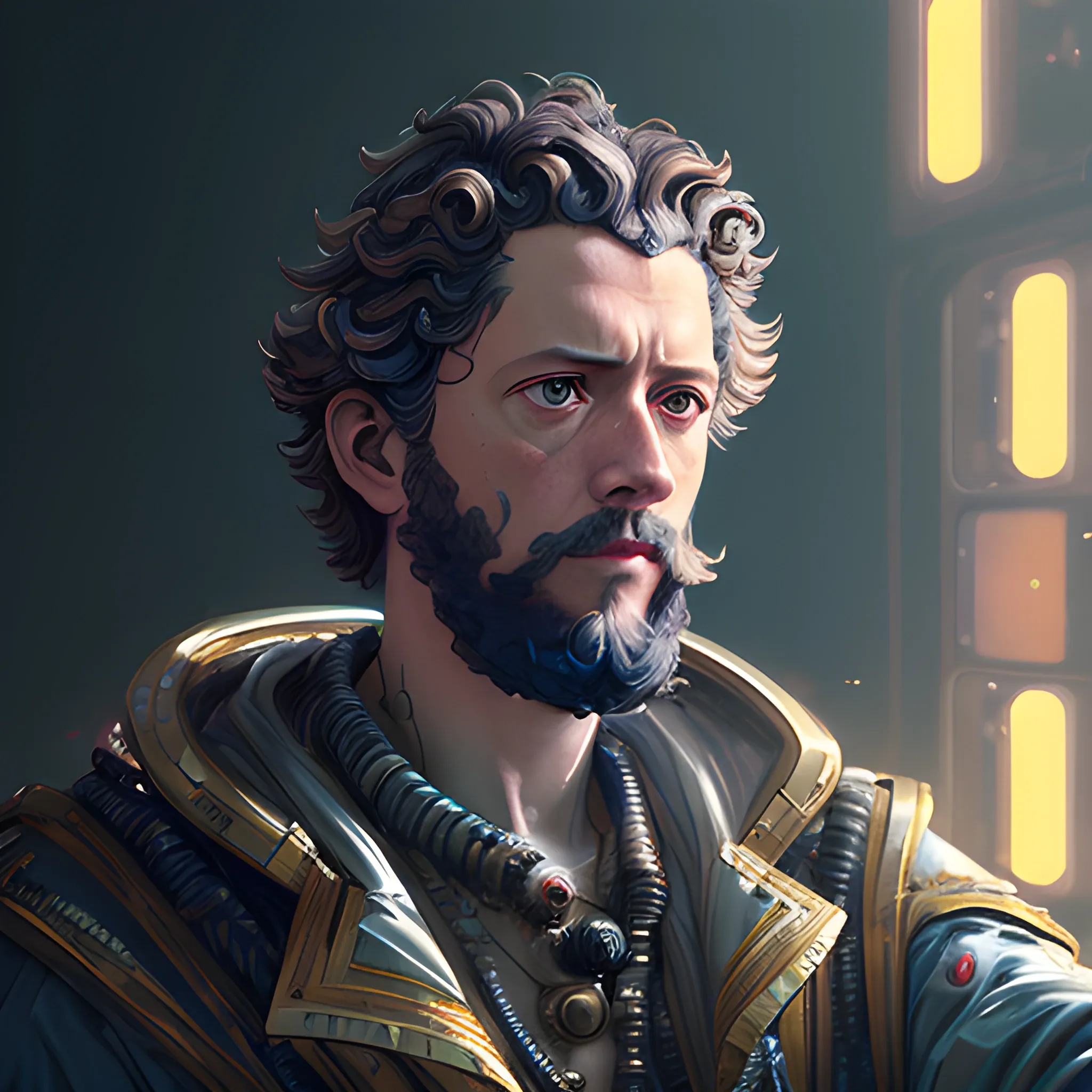 a high detail portrait of Marcus Aurelius taking a selfie by krenz cushart | highly detailed, art by , vfx. closeup, harsh neon light, arnold maya render, fantasy illustration, interior lighting, biopunk futuristic wardrobe, pupils visible, painted metal