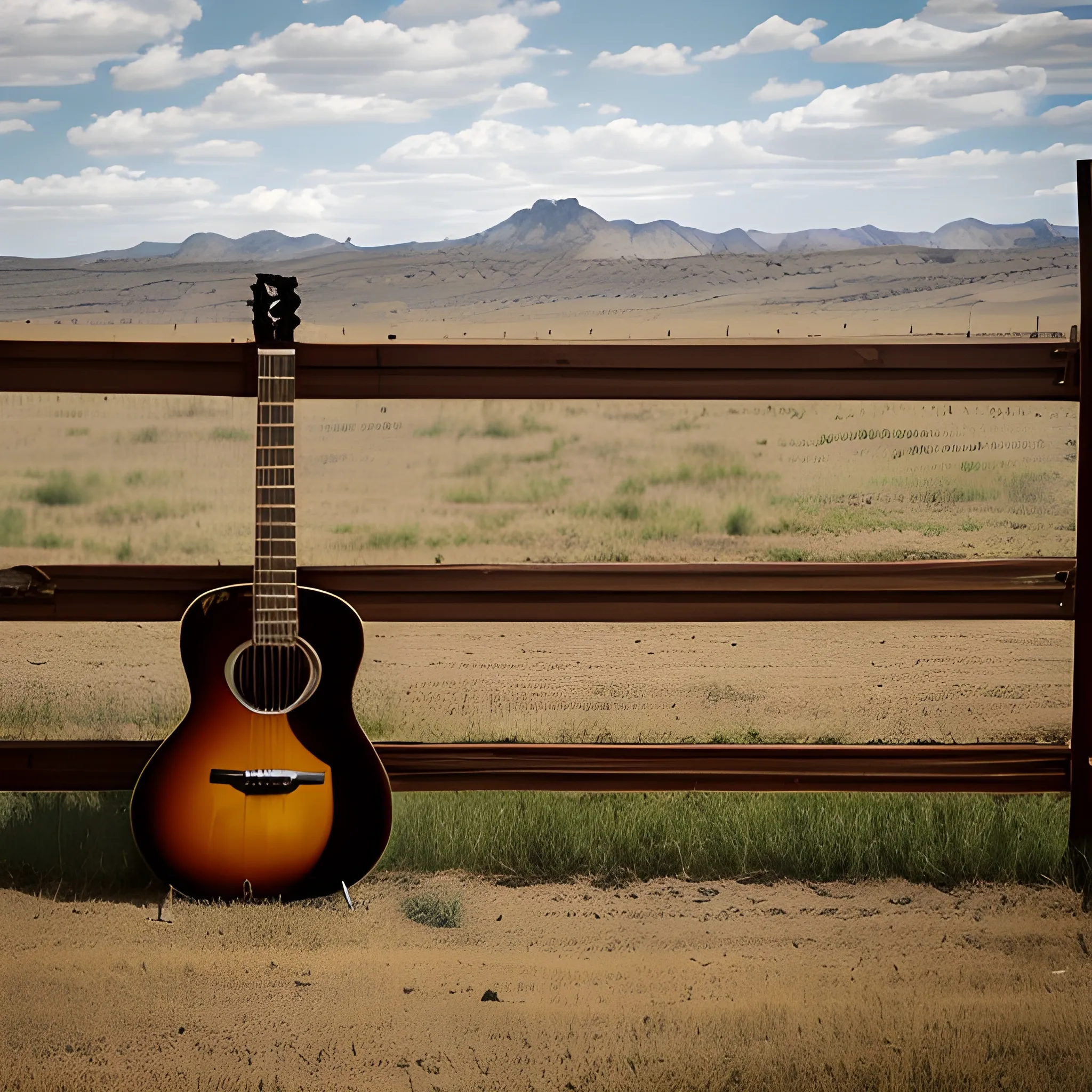 The guitar is leaning against the ranch fence and covered with a stetson, country and western aesthetic.