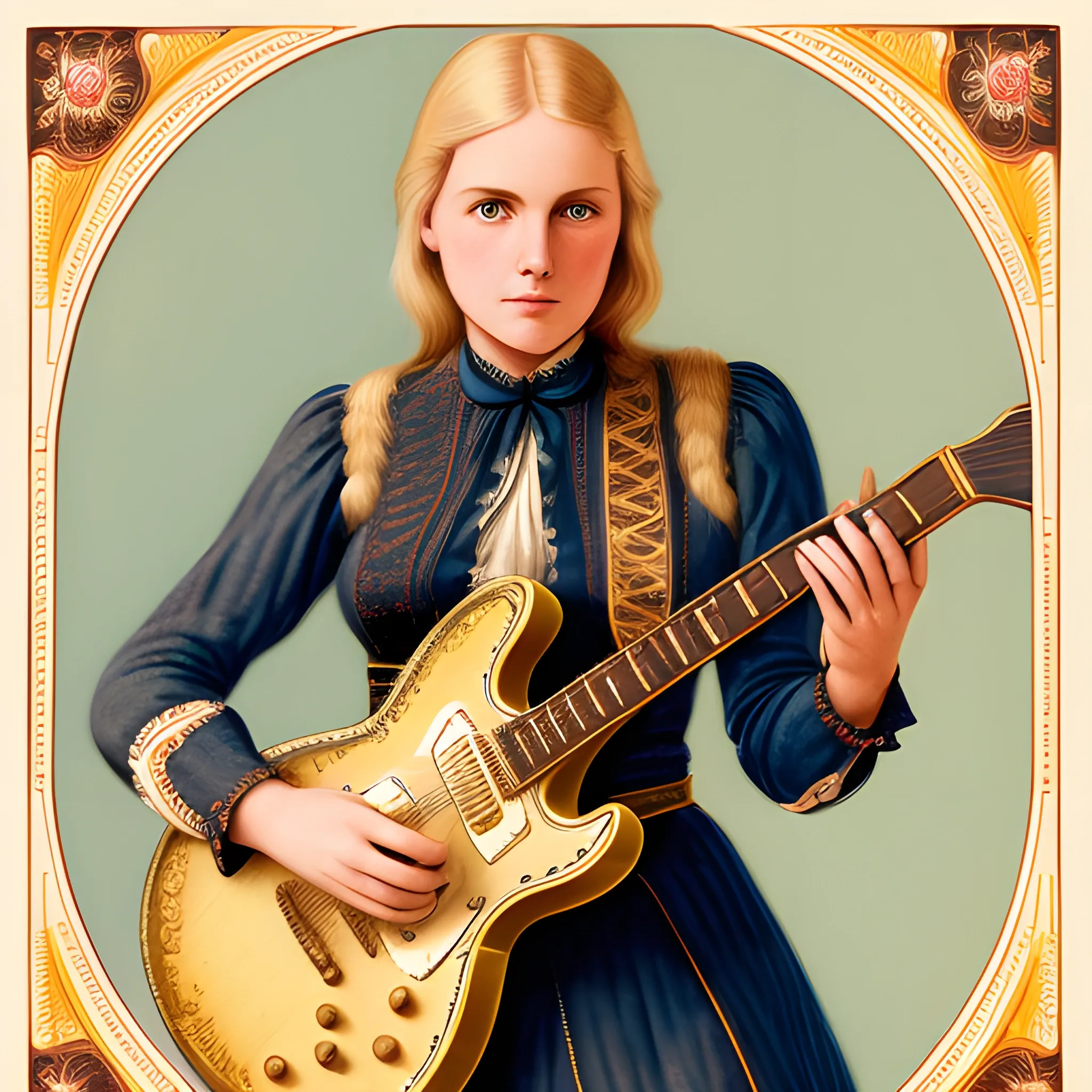 A highly detailed image of a blond woman guitar player, 8k, illustration, professional photo country and western aesthetic, vintage chromolithography 