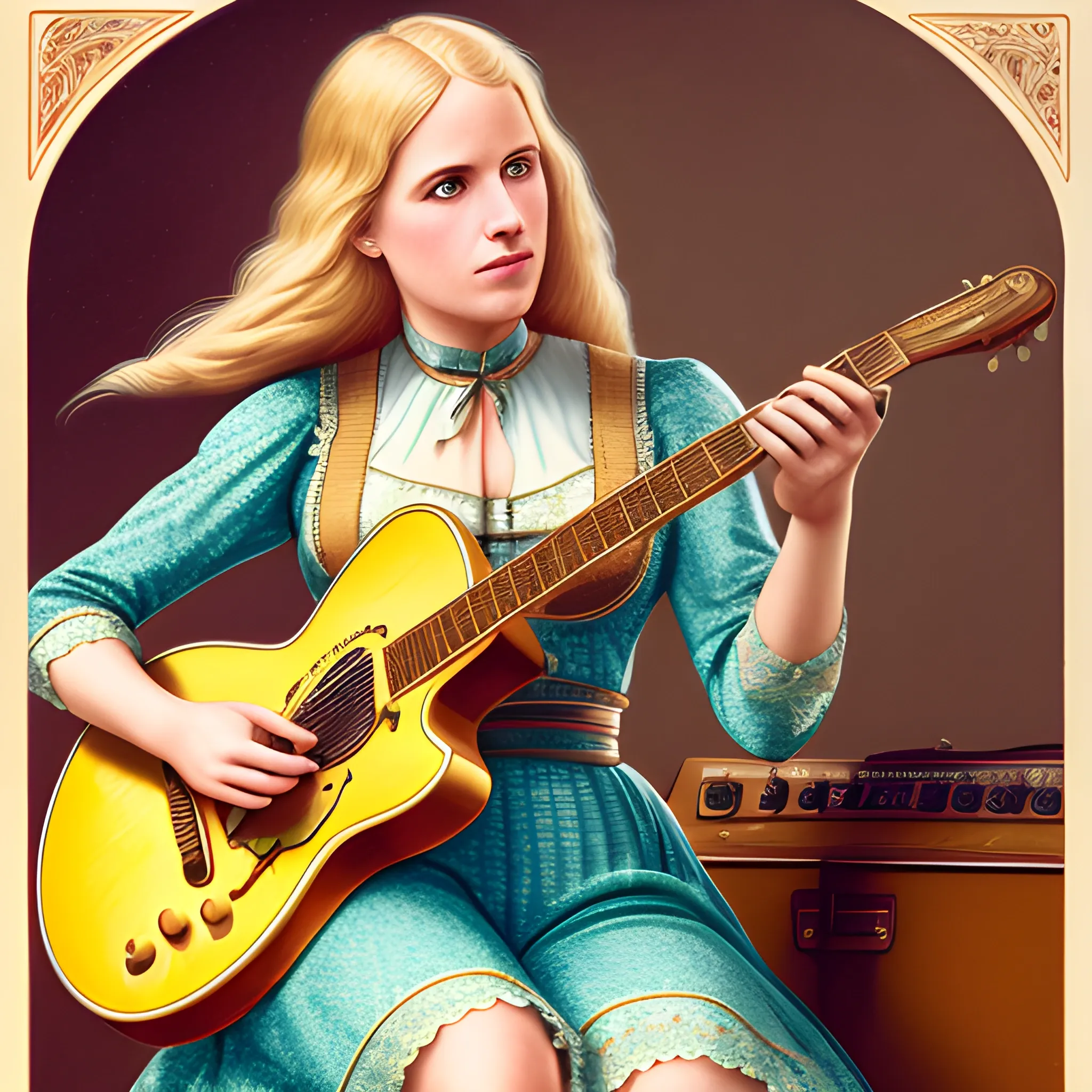 A highly detailed image of a blond woman guitar player, 8k, illustration, professional photo ,chromolithography 